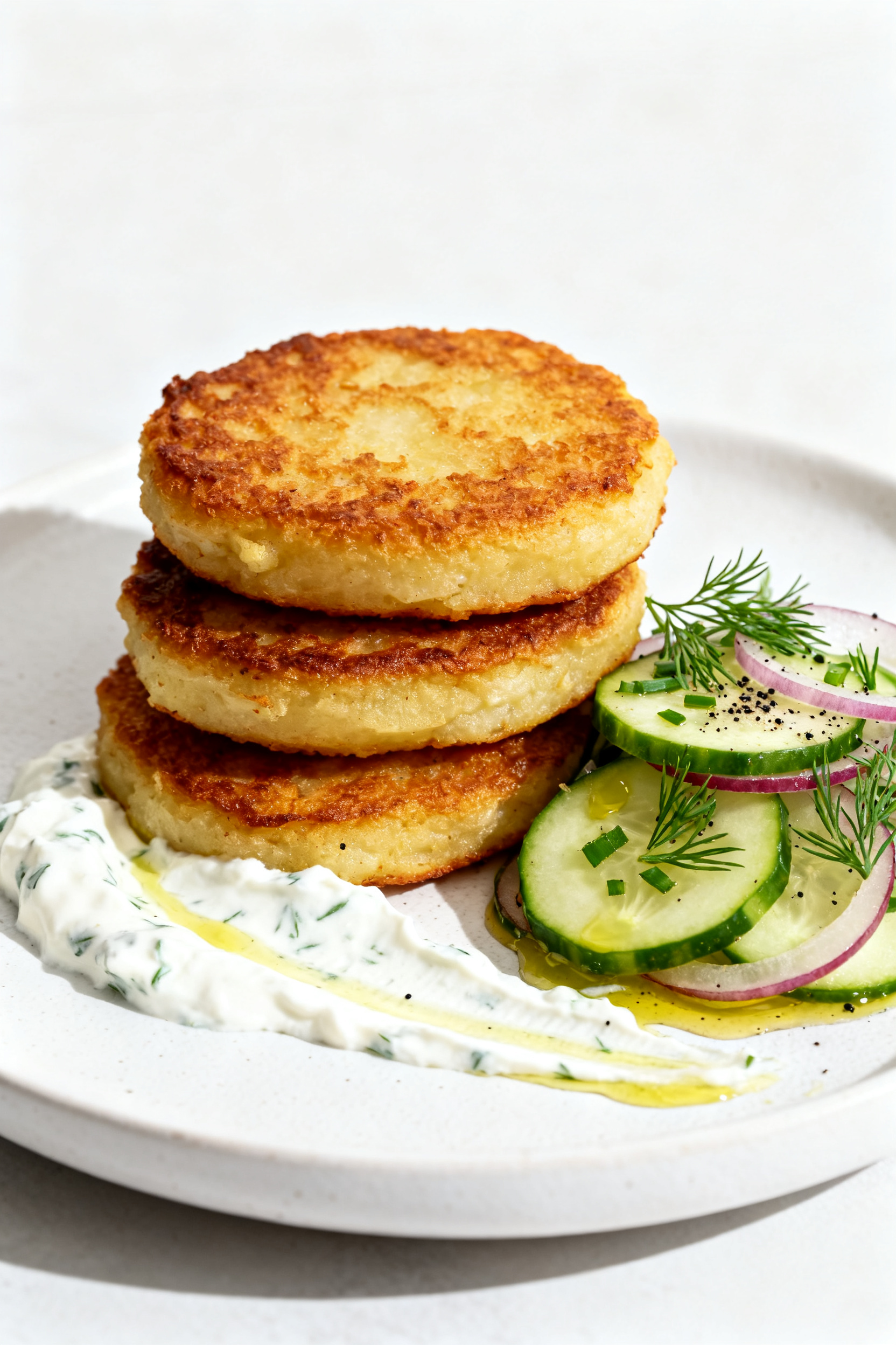 Restaurant-quality presentation: three evenly shaped potato cakes stacked slightly offset on a white