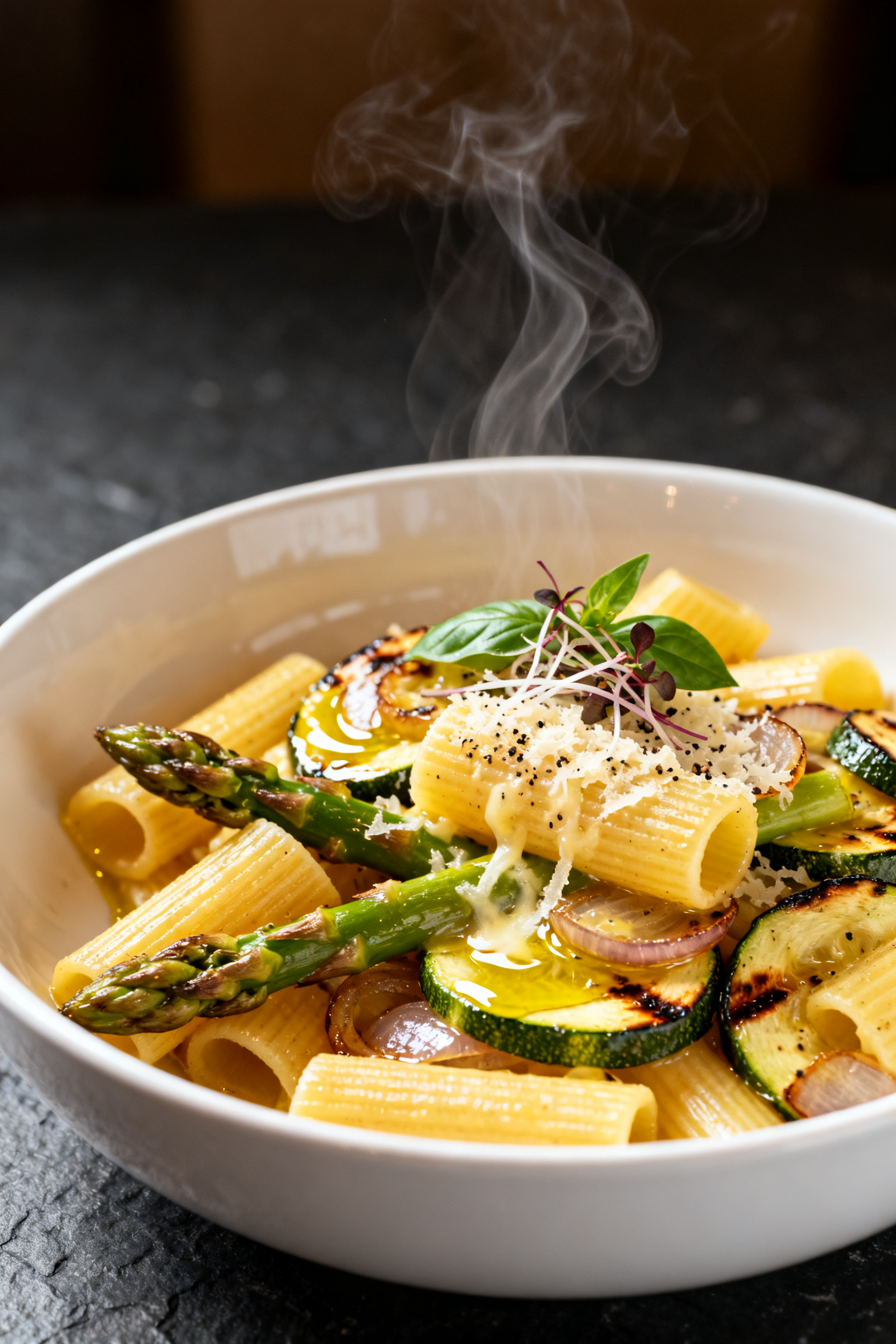 Restaurant-style plated presentation: Beautifully plated bowl of the lemony grilled veggie pasta (ri