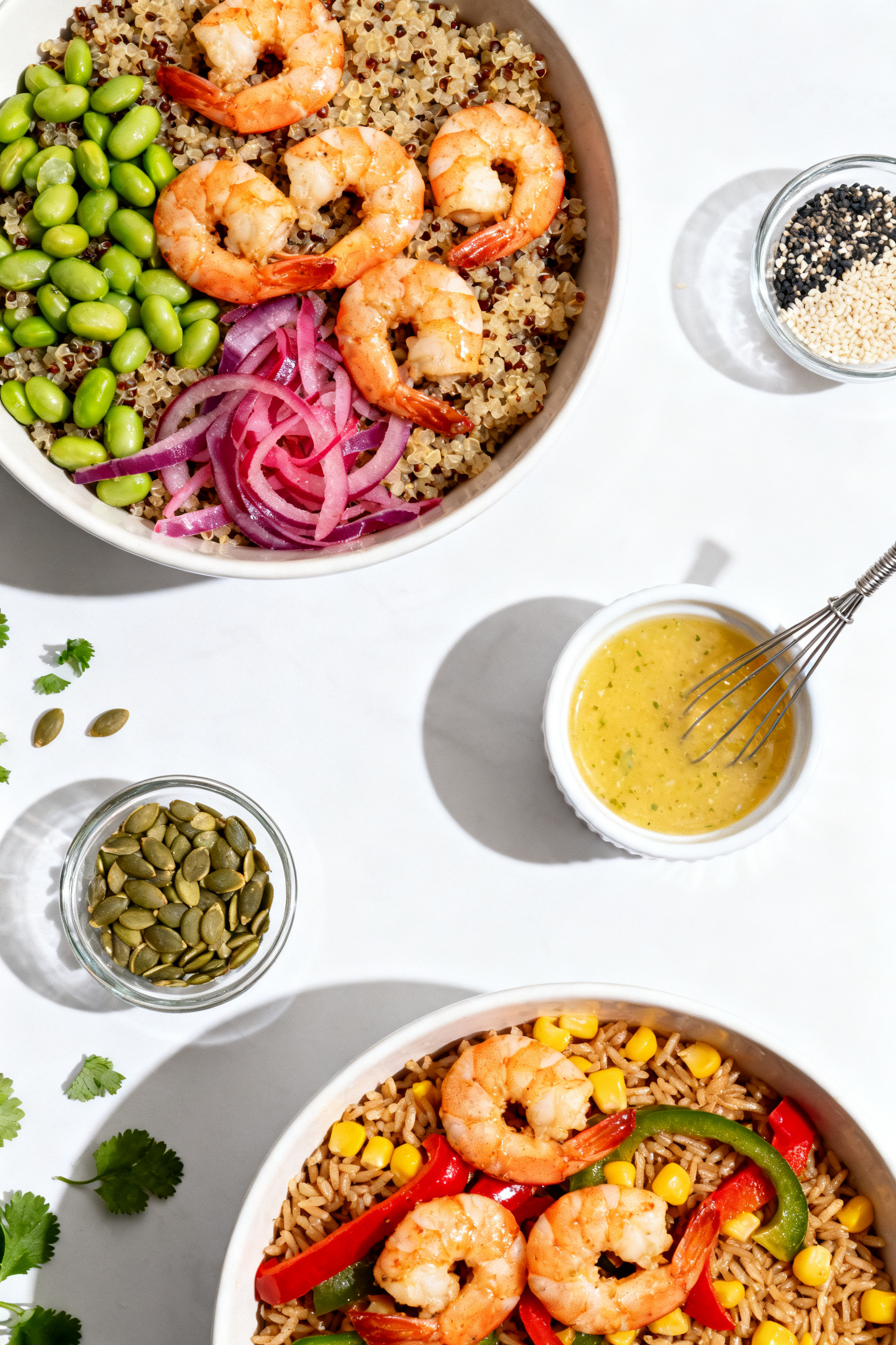 15 Minutes to the Best Shrimp Bowl → "Leftover Shrimp Recipes — Best Bowl in 15 Minutes" - Fast, Fresh, and Flavor-Packed Tasty overhead composition: Top-down shot of a build-your-own shrimp bowl spread—two finished bowl