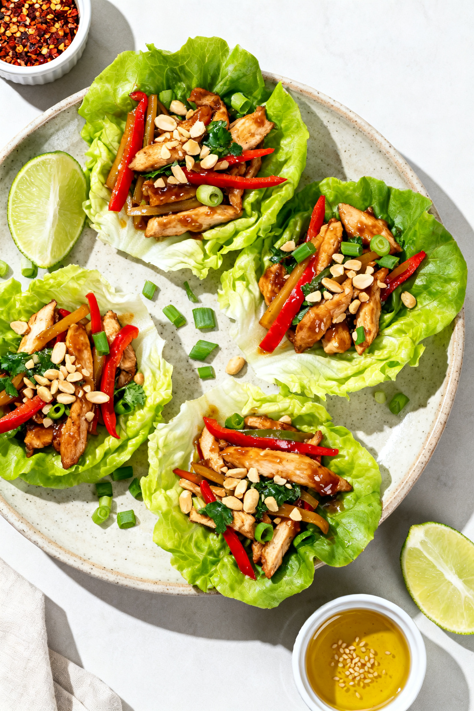 Tasty : Overhead shot of lettuce-cup version arranged on a large ceramic platter—butter lettuce le