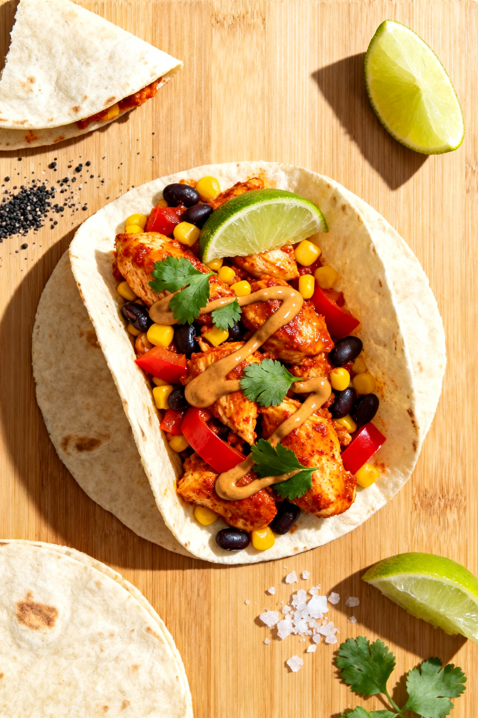 Tasty top-down wrap scene: Overhead shot of saucy Southwest Skillet chicken tucked into warm flour t