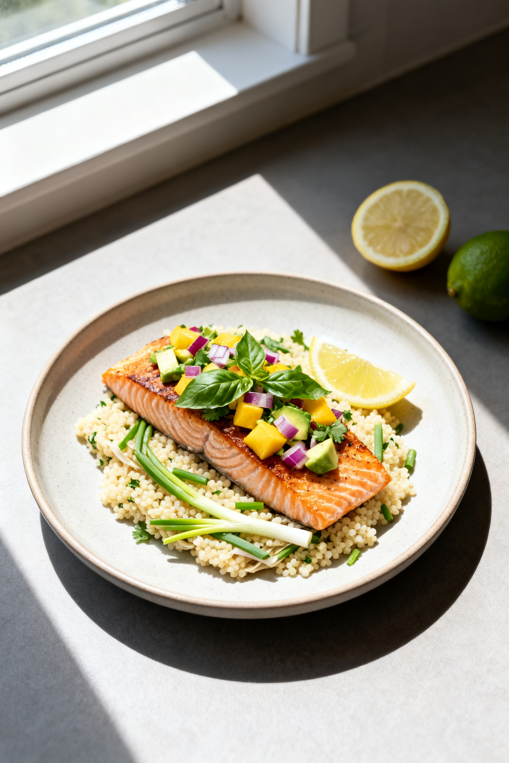 Tasty top view: Broiled salmon fillet set over fluffy couscous folded with scallions and herbs, topp