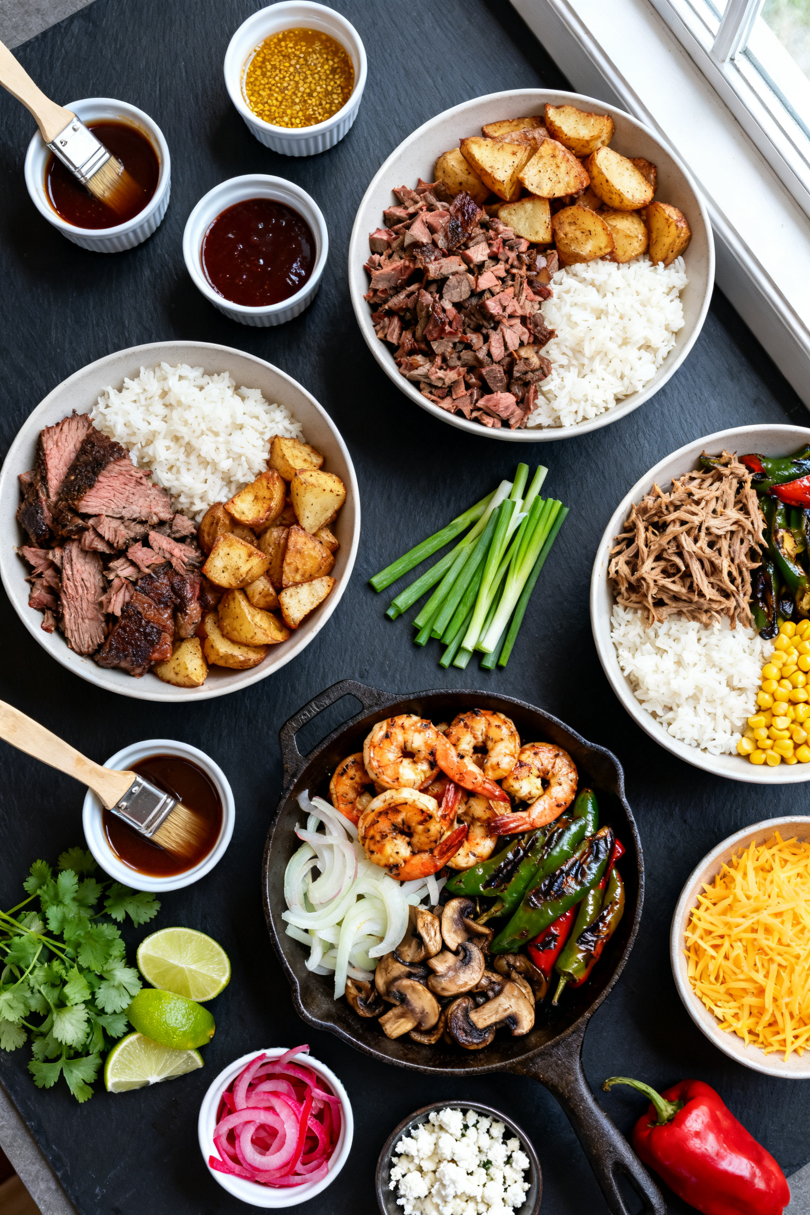 Tasty top view — Build-your-own BBQ bowl bar, overhead shot: bowls of fluffy rice and crispy skill