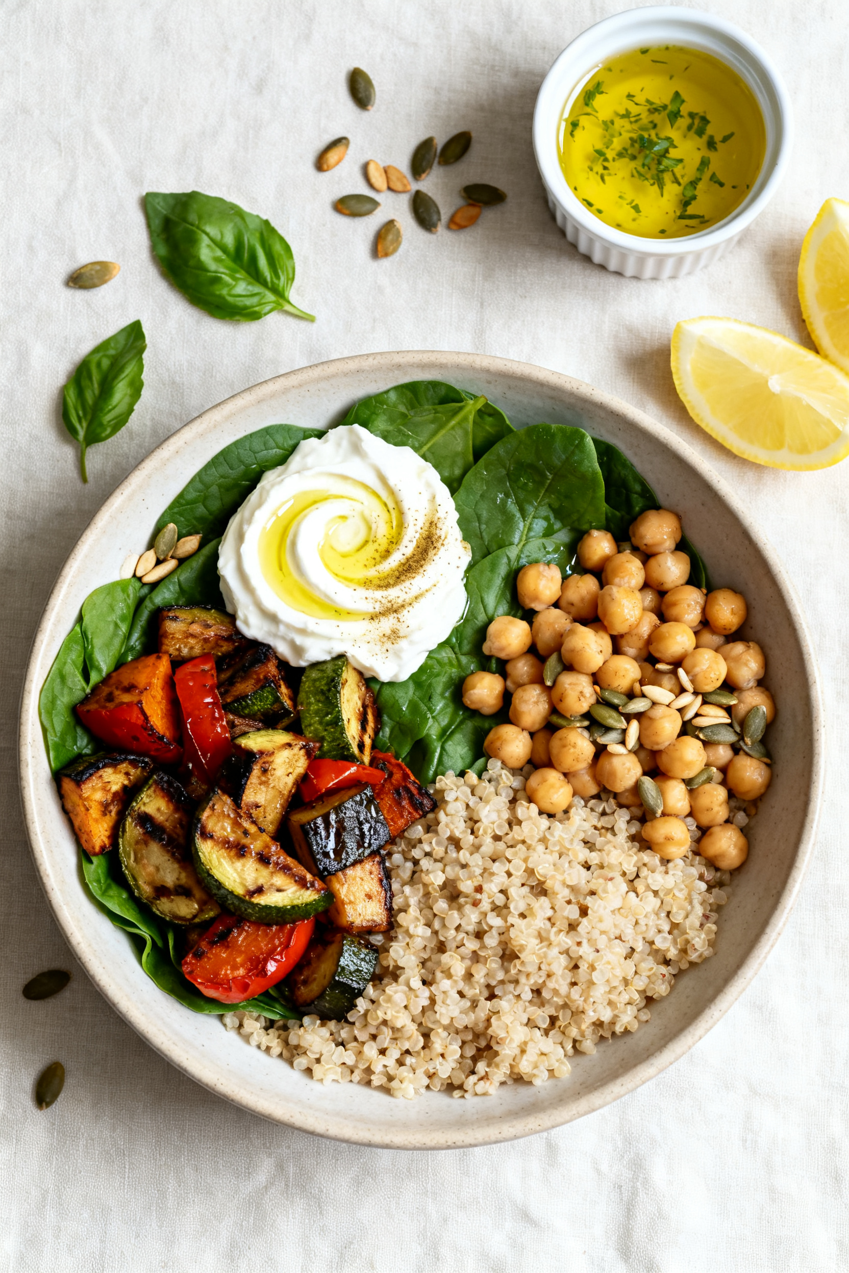 Tasty top view: Build-your-own bowl spread arranged overhead—fluffy quinoa base, a bed of baby spi