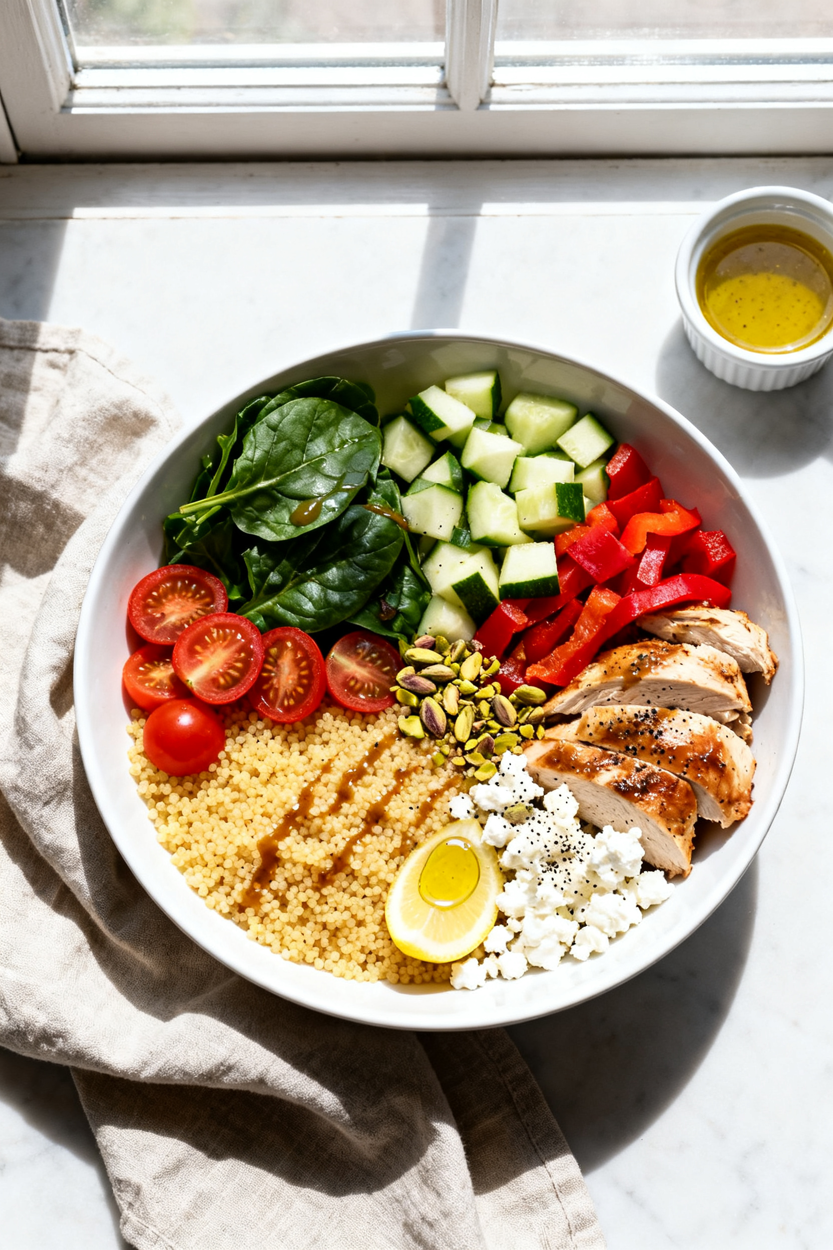 Tasty top view — Build-your-own grain bowl assembly: overhead shot of a vibrant Mediterranean-lean