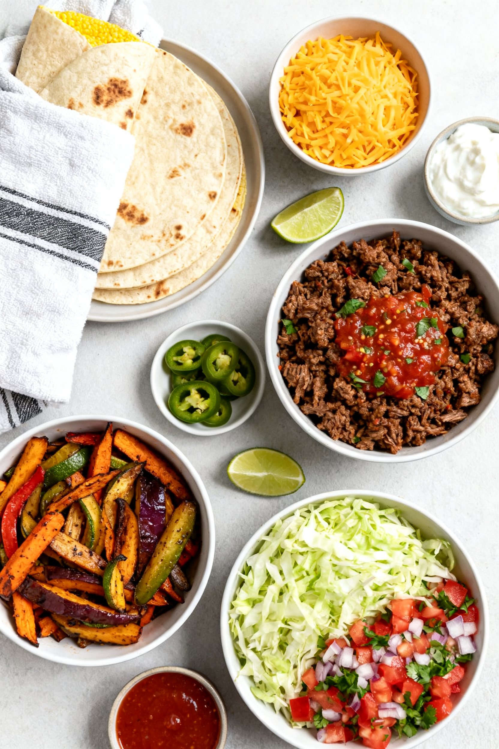 Tasty top view — Build-your-own taco spread: Overhead shot of warmed corn and flour tortillas wrap