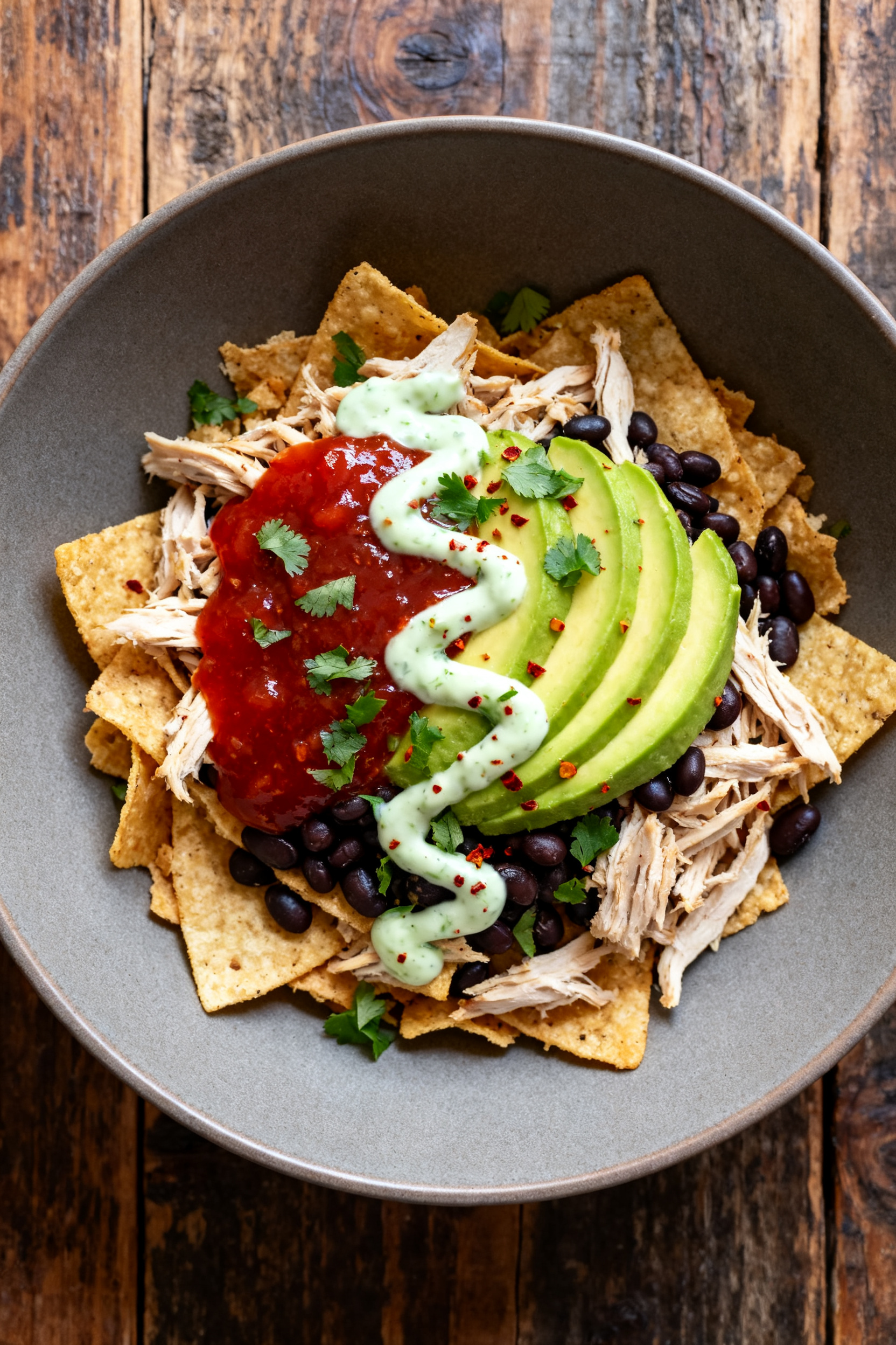 Tasty top view — Chicken Nacho Bowl: Overhead shot of a composed nacho bowl where crushed tortilla