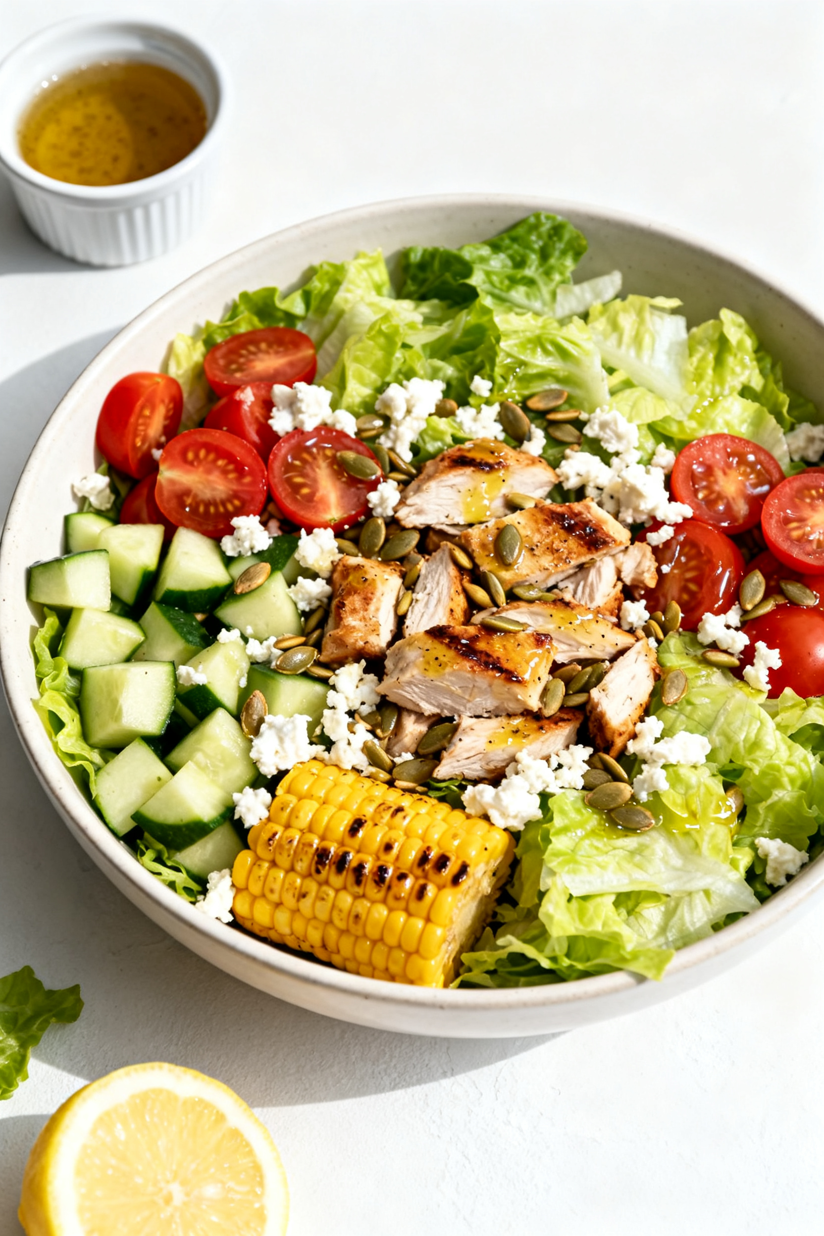 Grilled Food Recipes — 8 Ways to Use BBQ Leftovers All Week - Easy, Flavor-Packed Ideas Tasty top view — Chopped BBQ salad bowl: Overhead shot of a large shallow bowl filled with chopped
