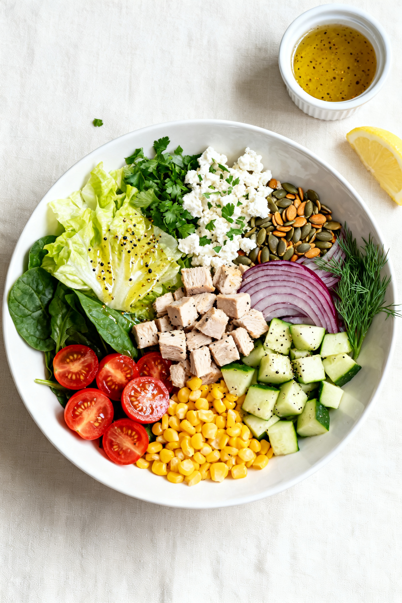 Tasty top view: Chopped Garden Turkey Salad fully assembled in a wide, shallow white bowl—finely c
