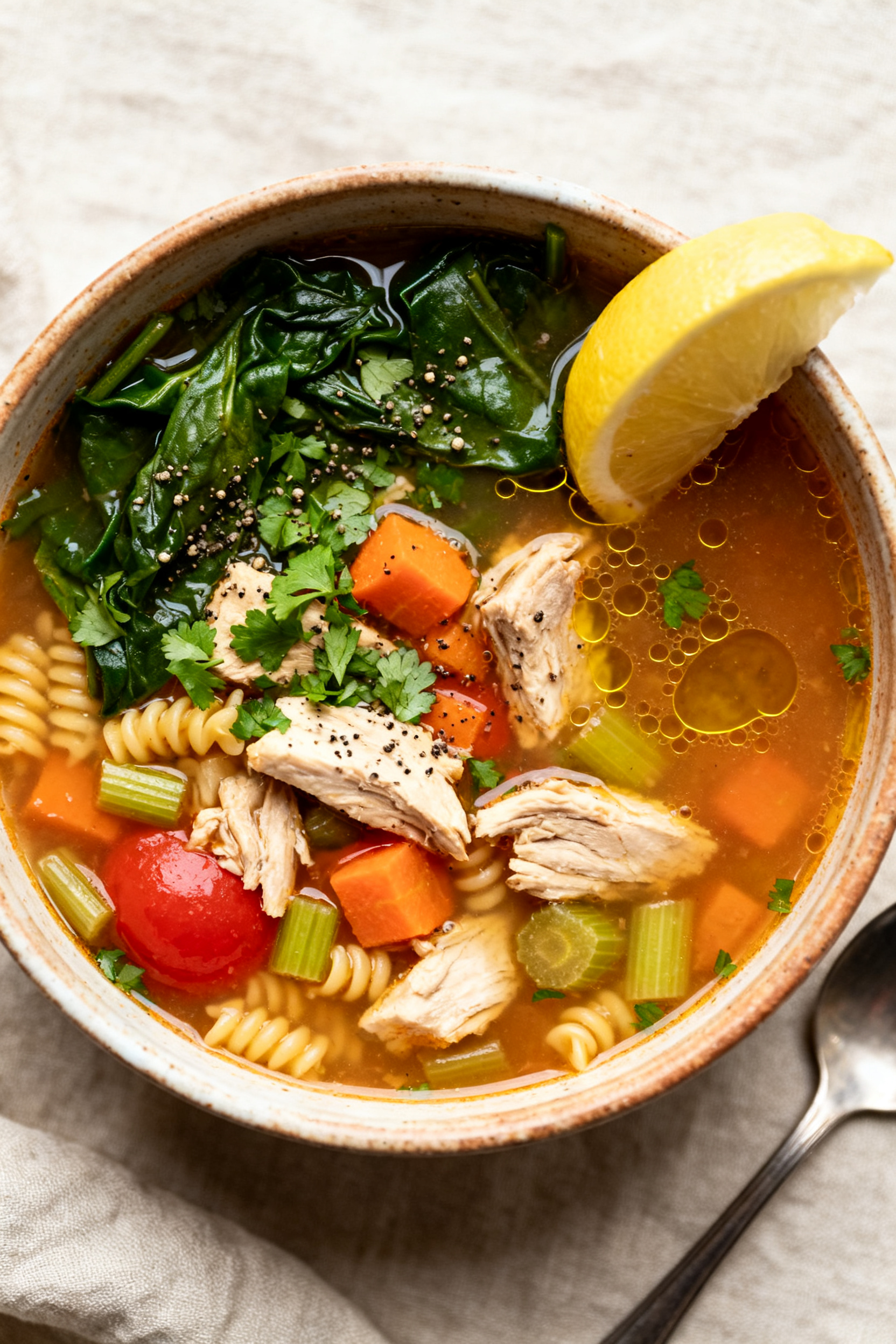 Before You Shop — Check This List → "Before You Shop — Check Your Leftover Turkey Recipes" - A Practical, Delicious Plan Tasty top view — Comforting Turkey and Veggie Soup: Overhead shot of a deep, brothy bowl loaded wi