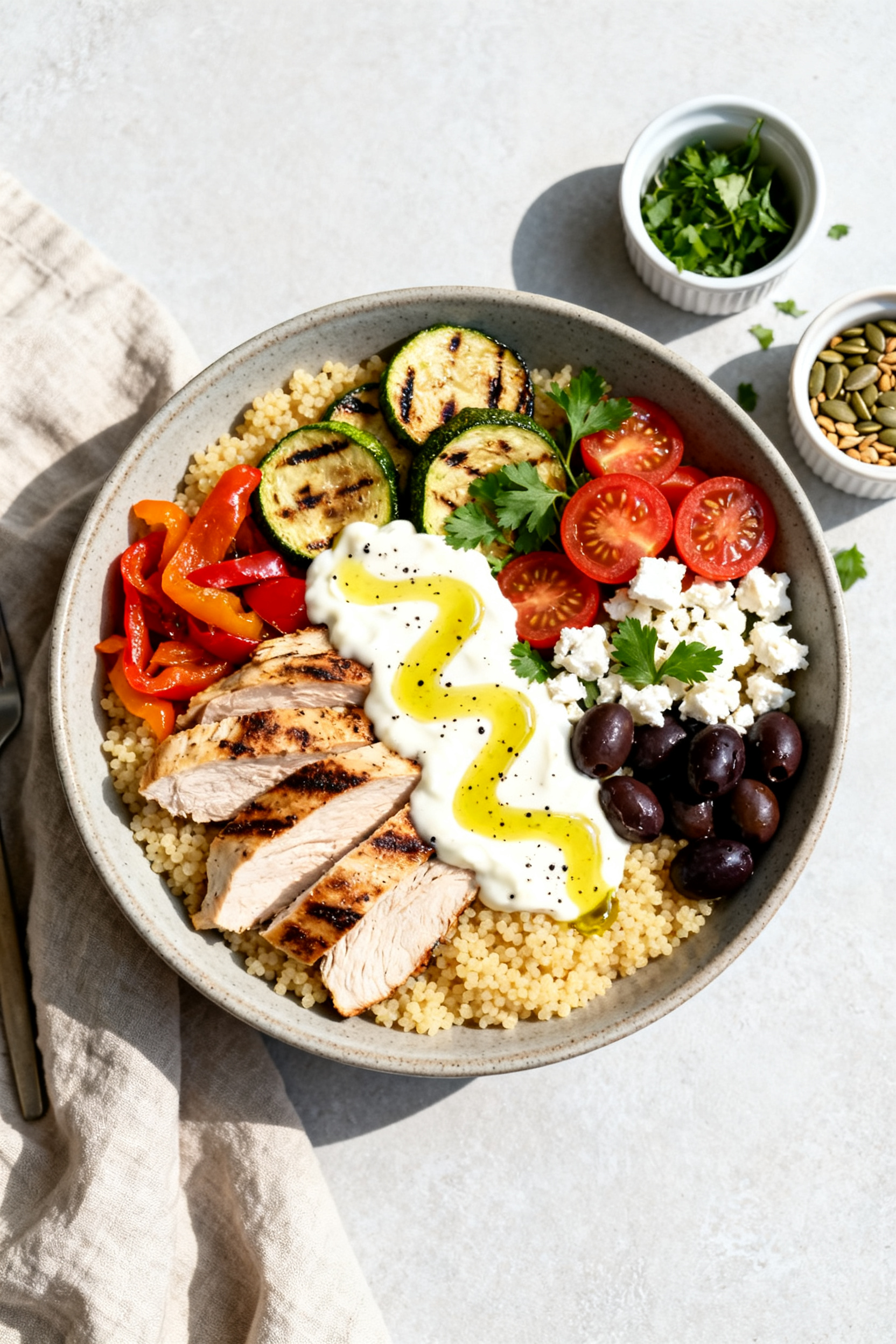 Summer Dinner Recipes Grill — Easy BBQ Leftover Dinner - A Simple Way to Reinvent Cookout Extras Tasty top view, composed bowl: Overhead shot of a Mediterranean-style leftover bowl—fluffy couscou