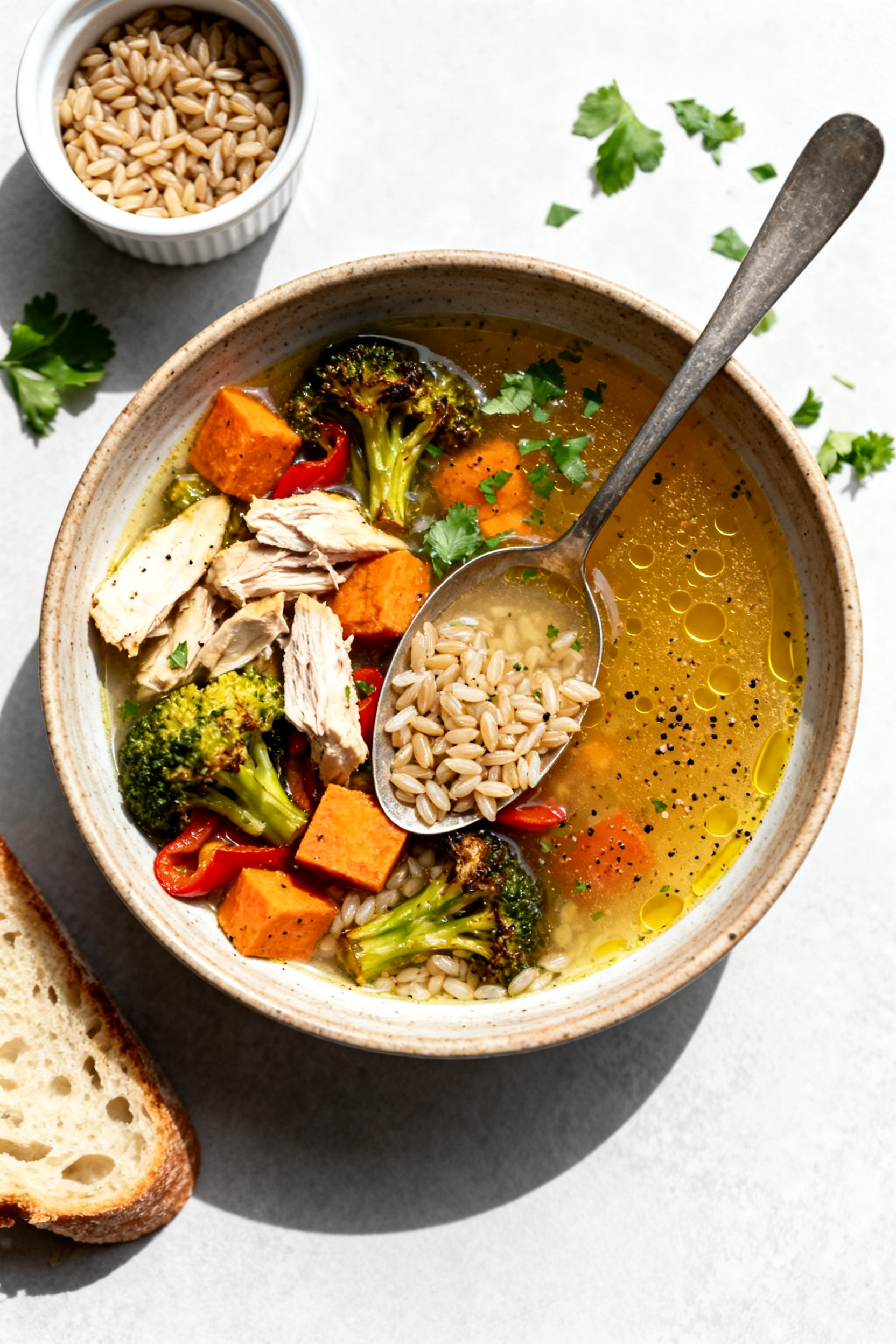 Leftover Meal Prep Ideas — Stretch One Meal Into Three - Smart, Tasty Ways to Save Time and Money Tasty top view — Cozy chicken and veggie soup overhead: Overhead shot of a rustic bowl filled with