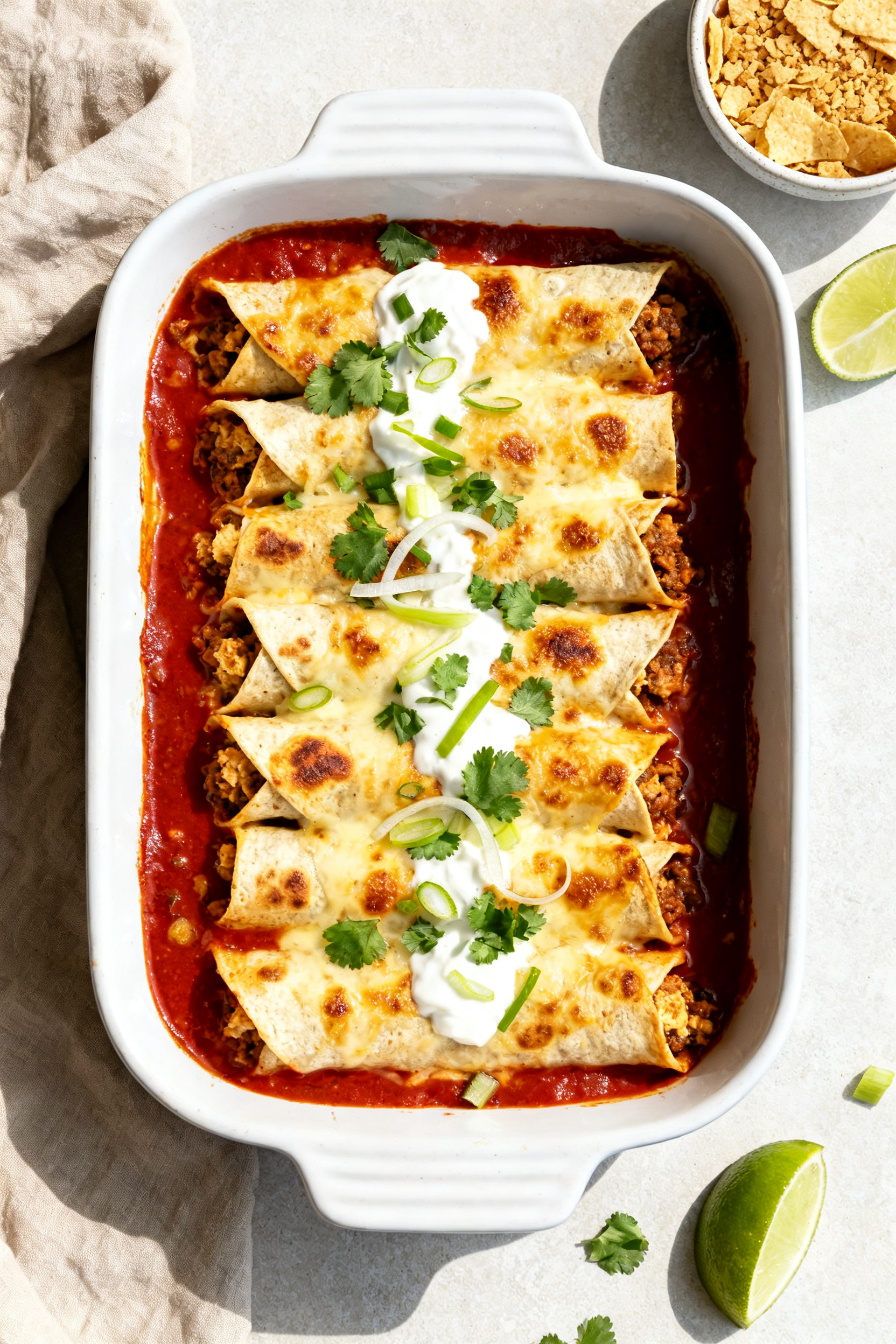 Leftover Chicken Recipes — Wait... This Was Leftovers? - Easy, Fresh Ways to Revive Cooked Chicken Tasty top view — Creamy Chicken Enchiladas: Overhead shot of a baking dish just pulled from the ov