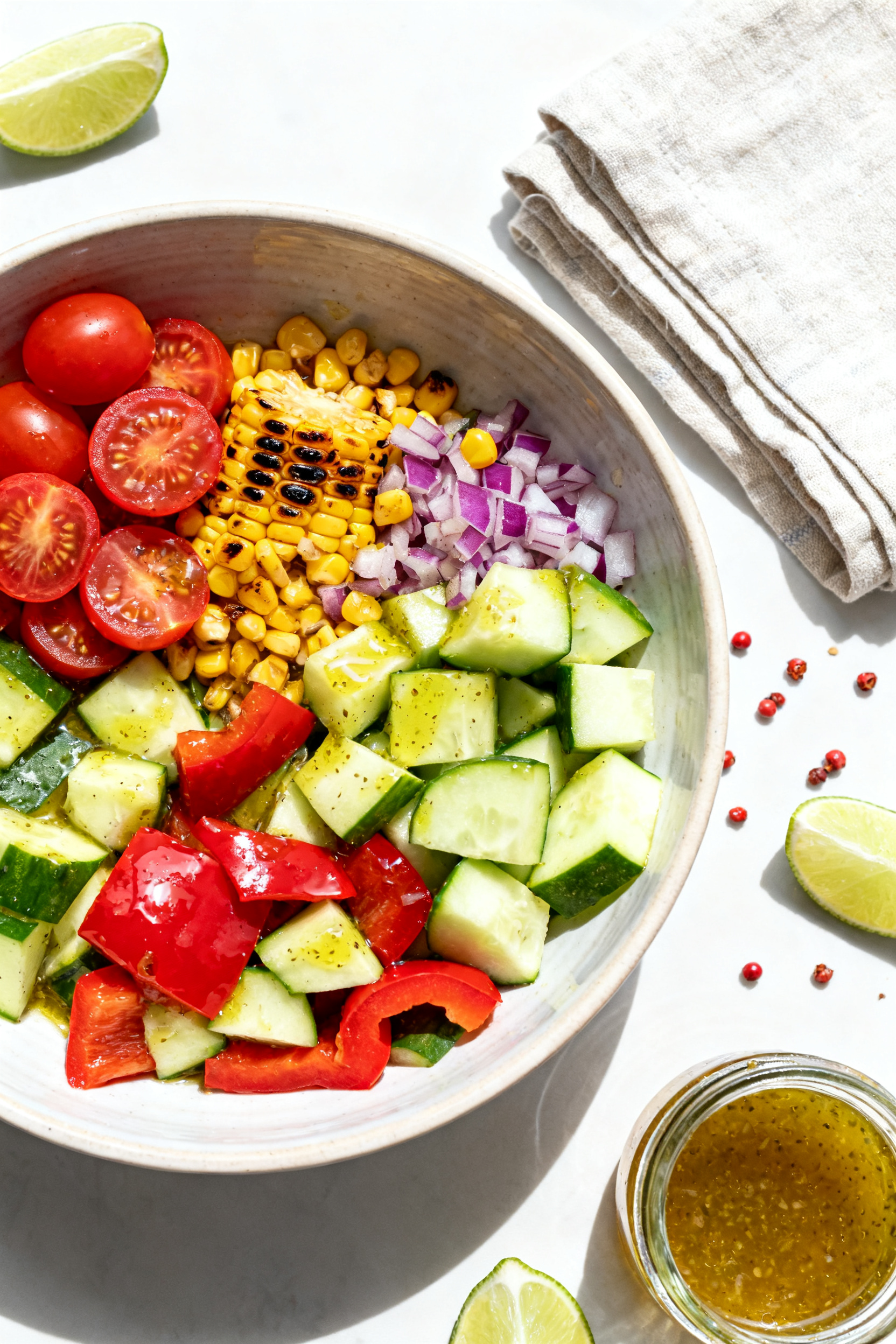 Tasty top view — dressed salad base resting: Overhead shot of the mixed salad base in a wide, shal