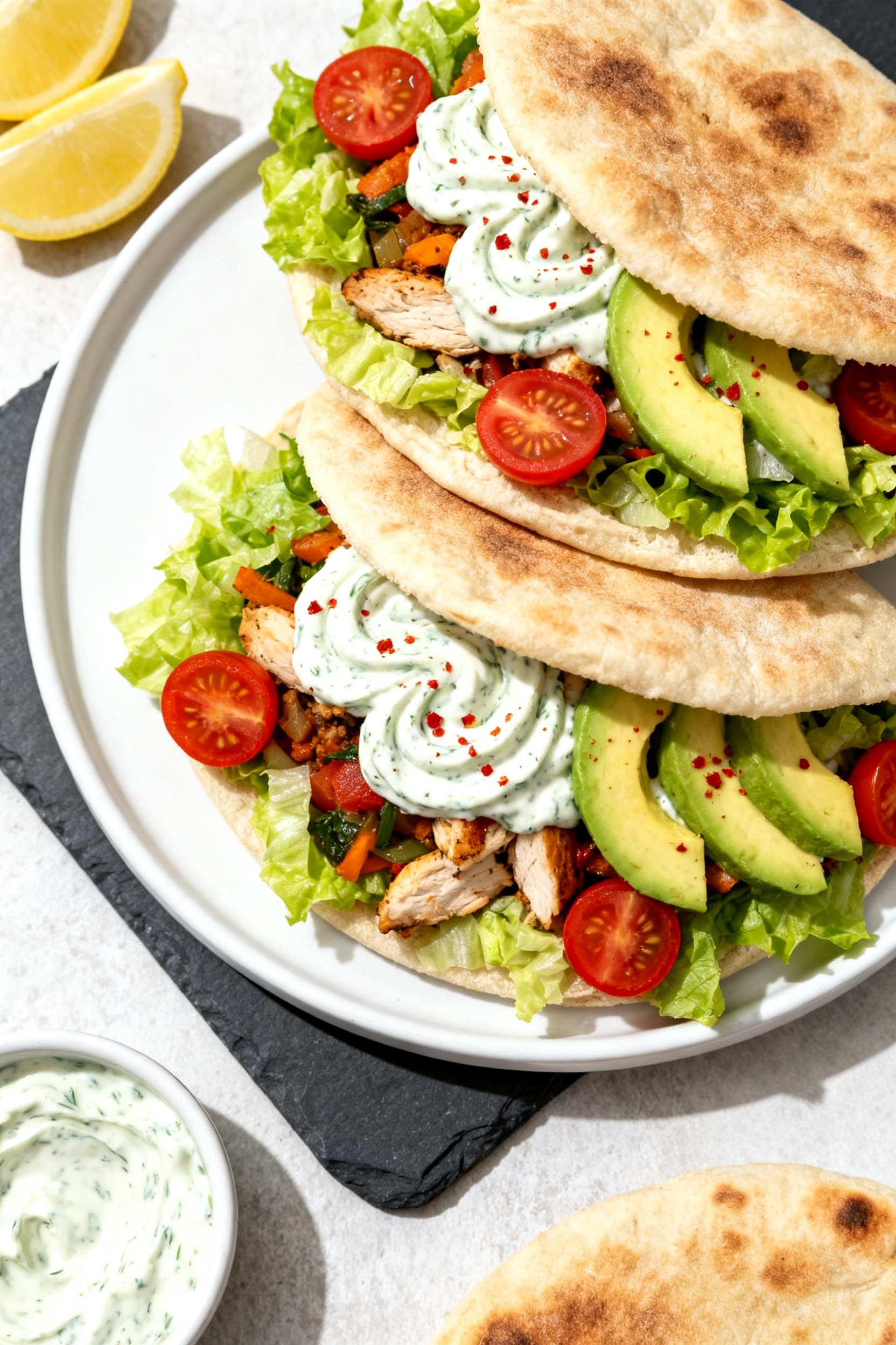 Tasty top view — Final assembled pitas for the table: Overhead shot of two to three loaded pitas o