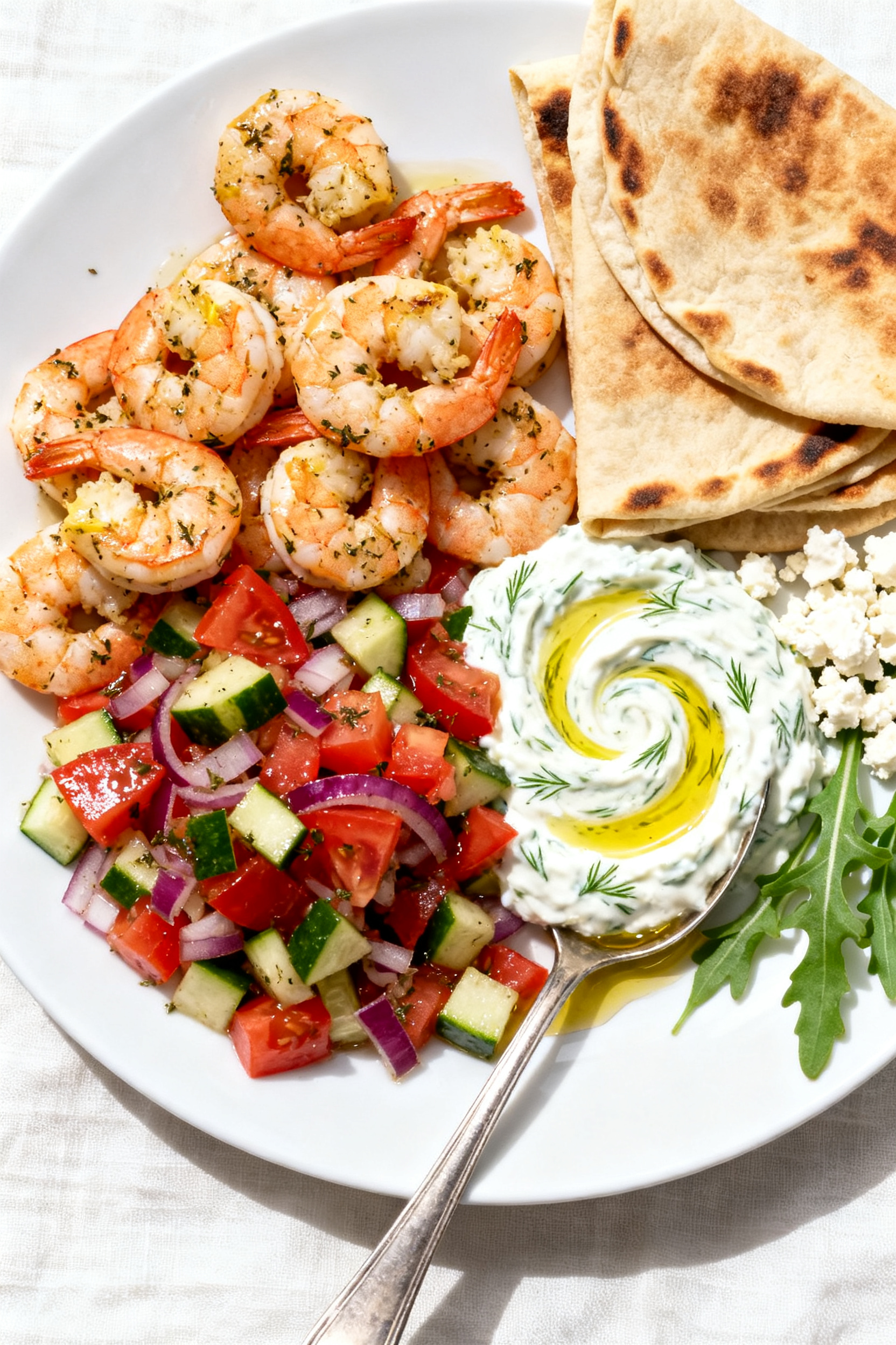 Tasty top view: Final assembled summer plate—pile of lemon-garlic shrimp, generous scoop of tomato