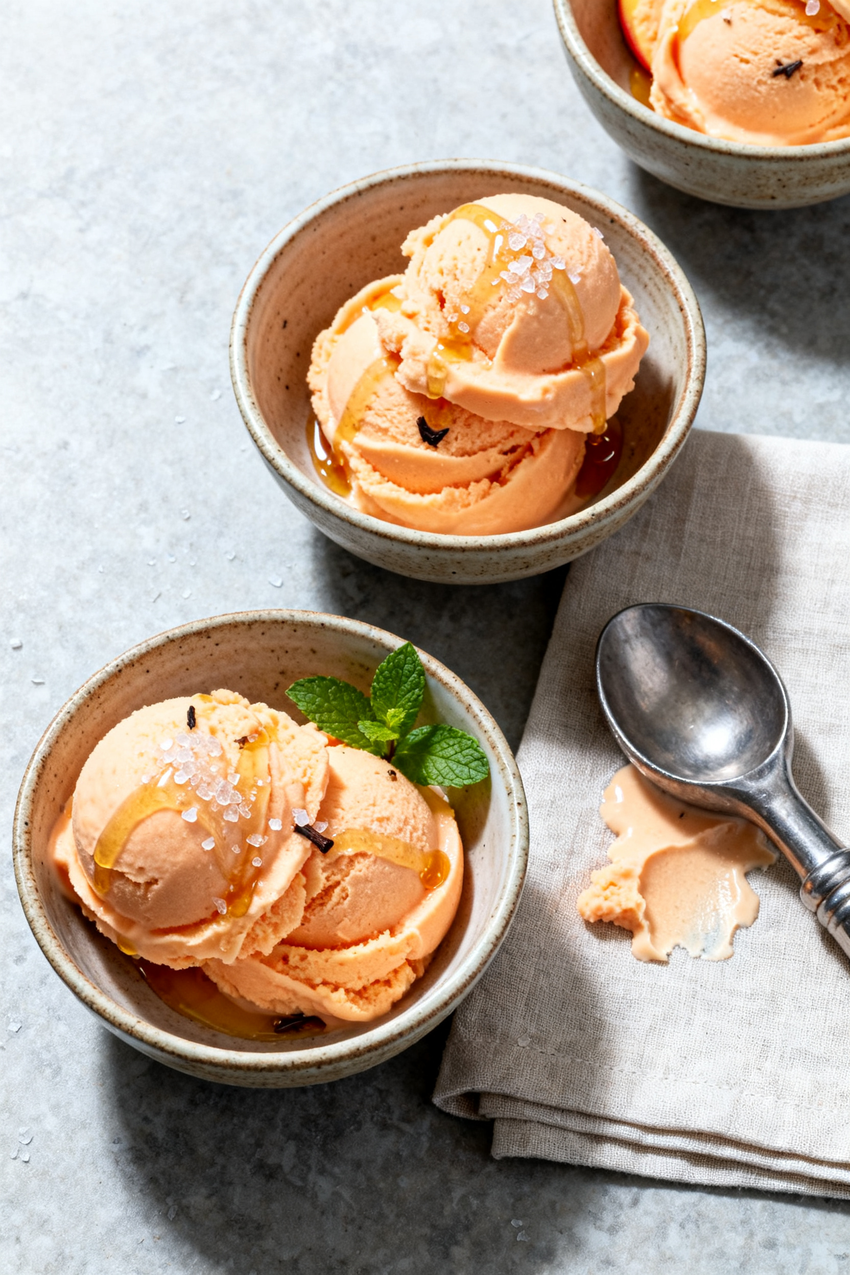Easy Summer Recipes — No One Believes How Easy This Is - Fresh, Fast, and Foolproof Tasty top view, final dessert presentation: Overhead shot of 5-Minute Blender Peach Ice Cream scoope