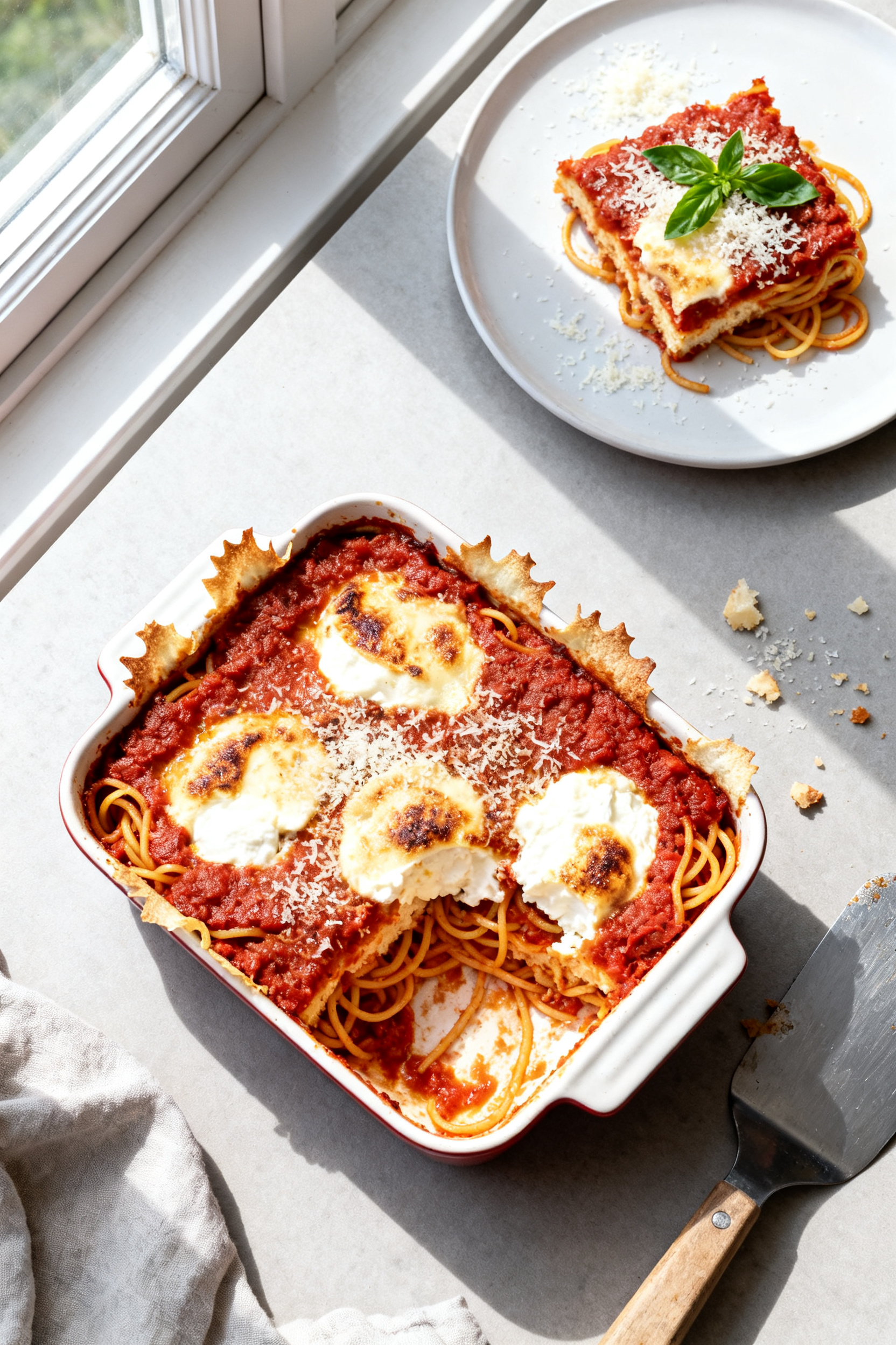 Pasta Night Just Got More Interesting → "Leftover Spaghetti Ideas — Pasta Night Just Got Better" - Easy Ways to Reinvent Last Night’s Noodles Tasty top view (final dish): Overhead shot of easy baked spaghetti in a small rectangular baking dis