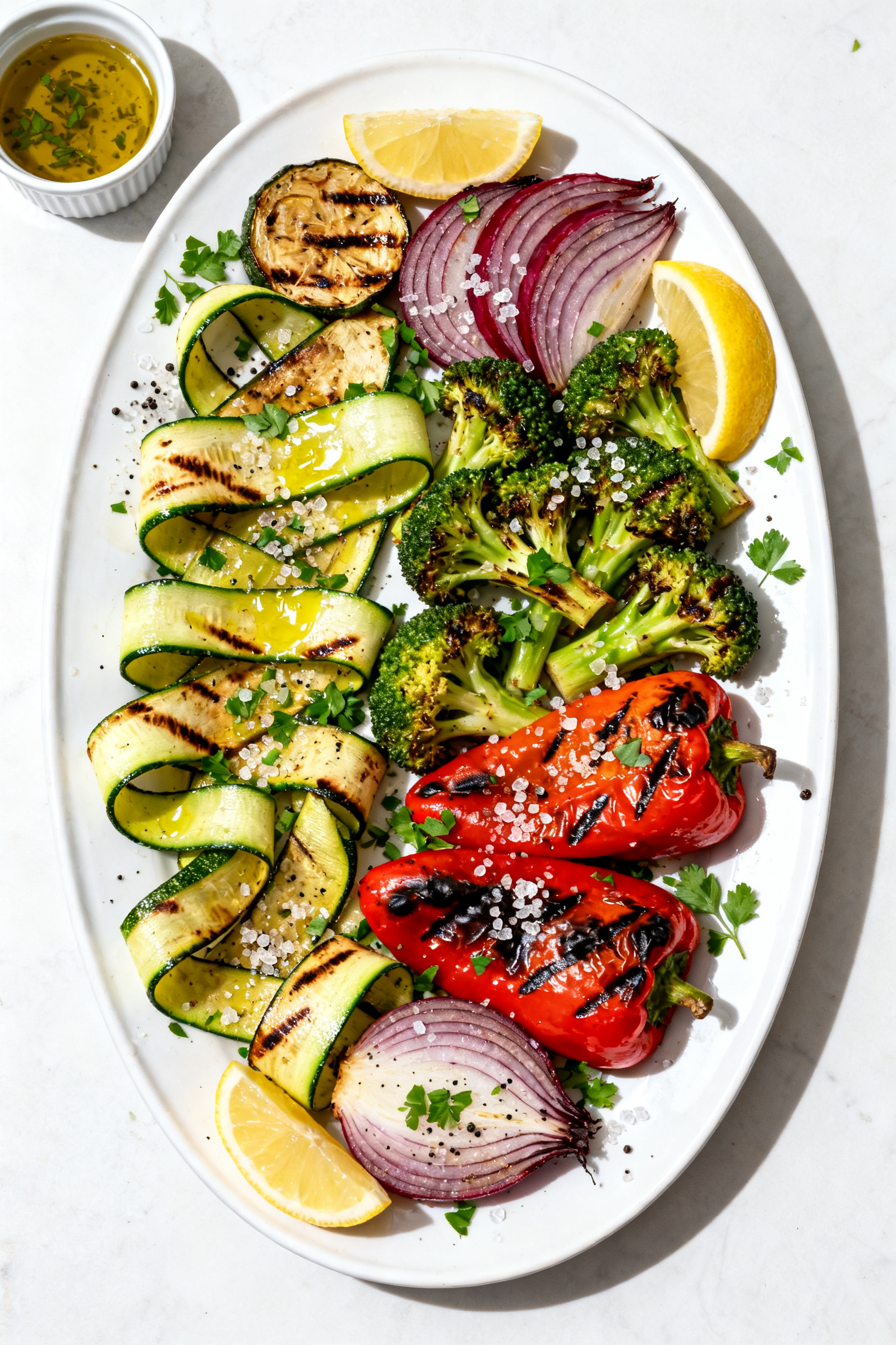 Tasty top view final platter: Grilled vegetable platter arranged artfully on a large white oval serv