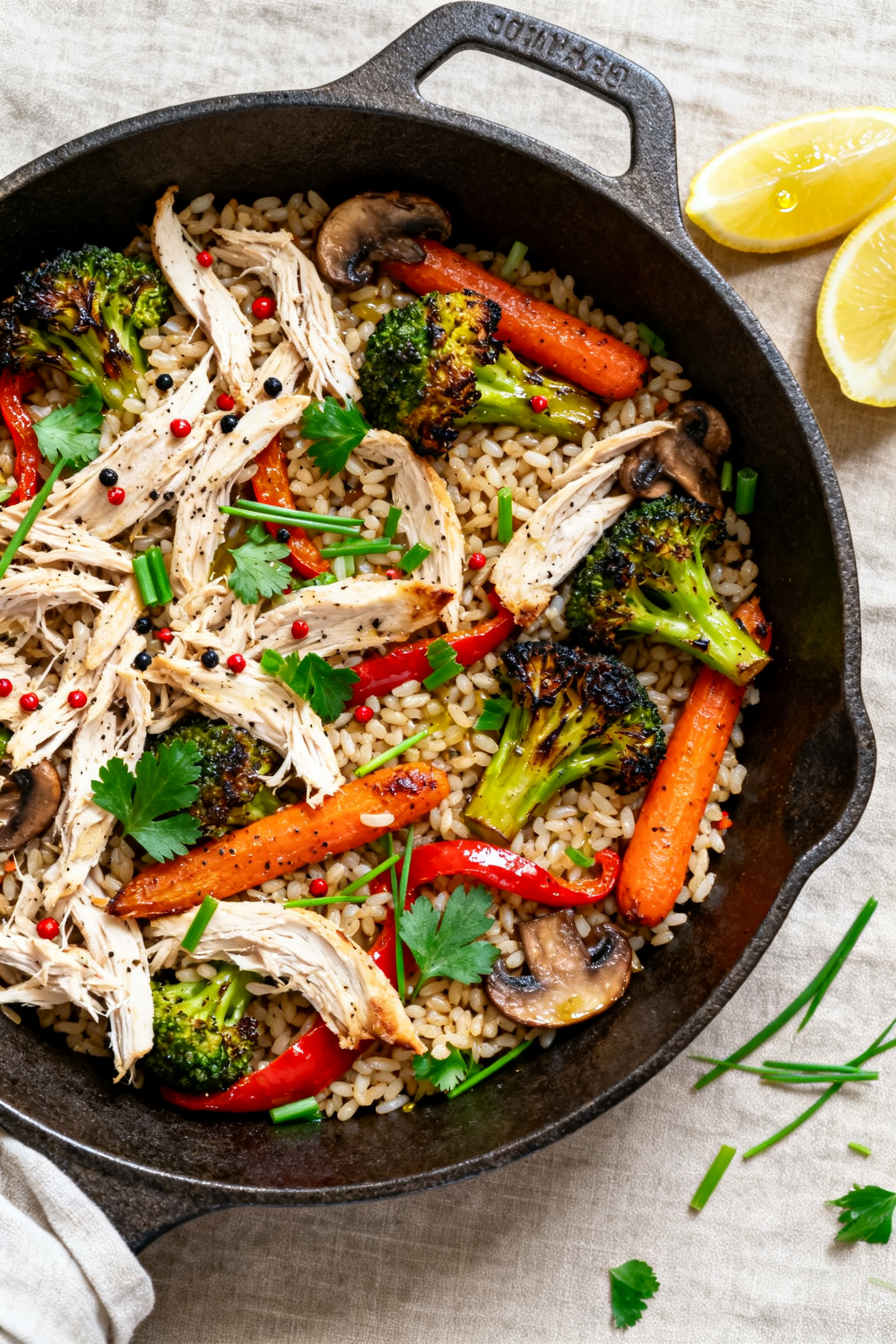 Tasty top view, final skillet: Overhead shot of the finished leftover roasted chicken and vegetables