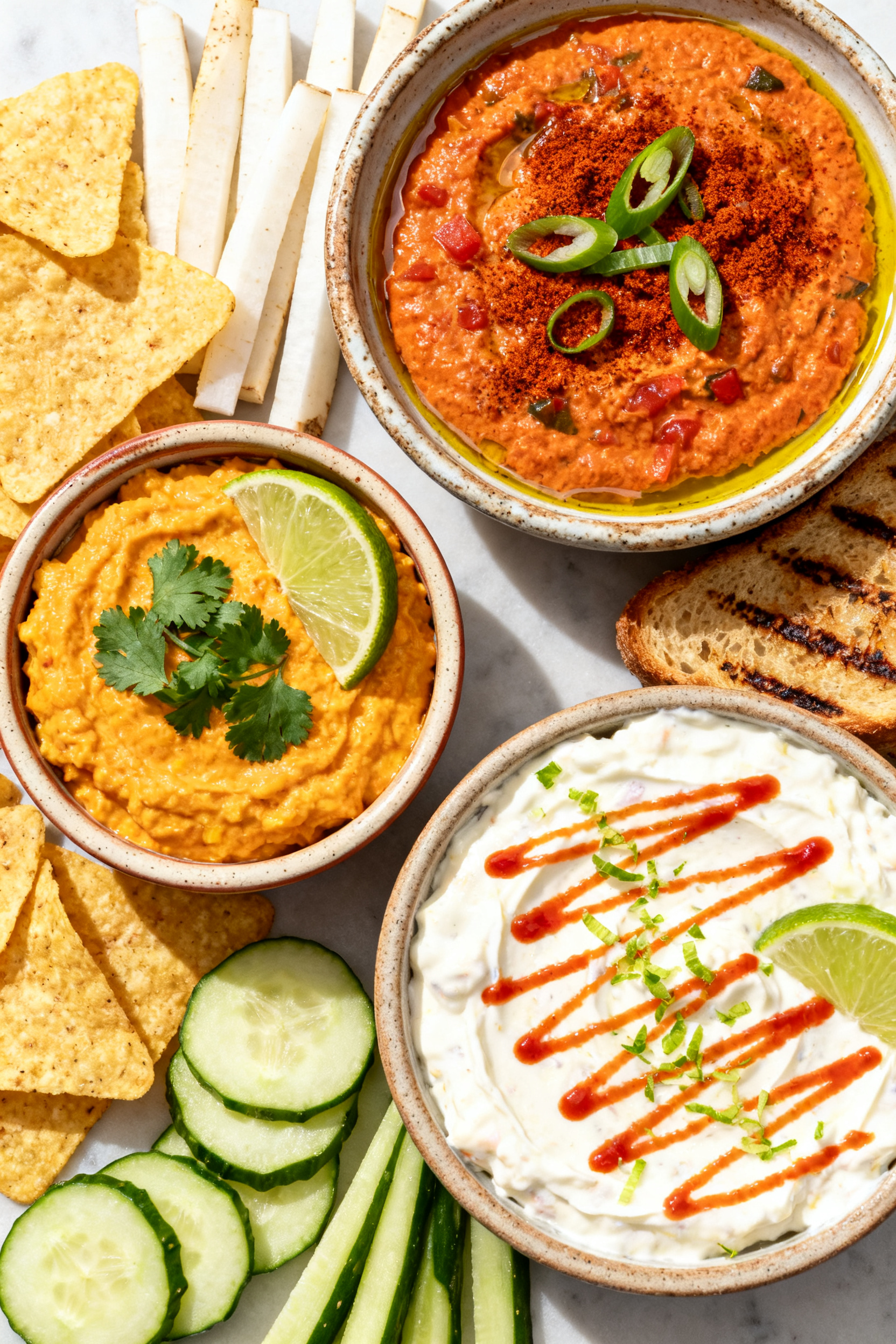 Tasty top view final spread: Trio of finished dips presented for serving—Smoky Tomato Chipotle Dip