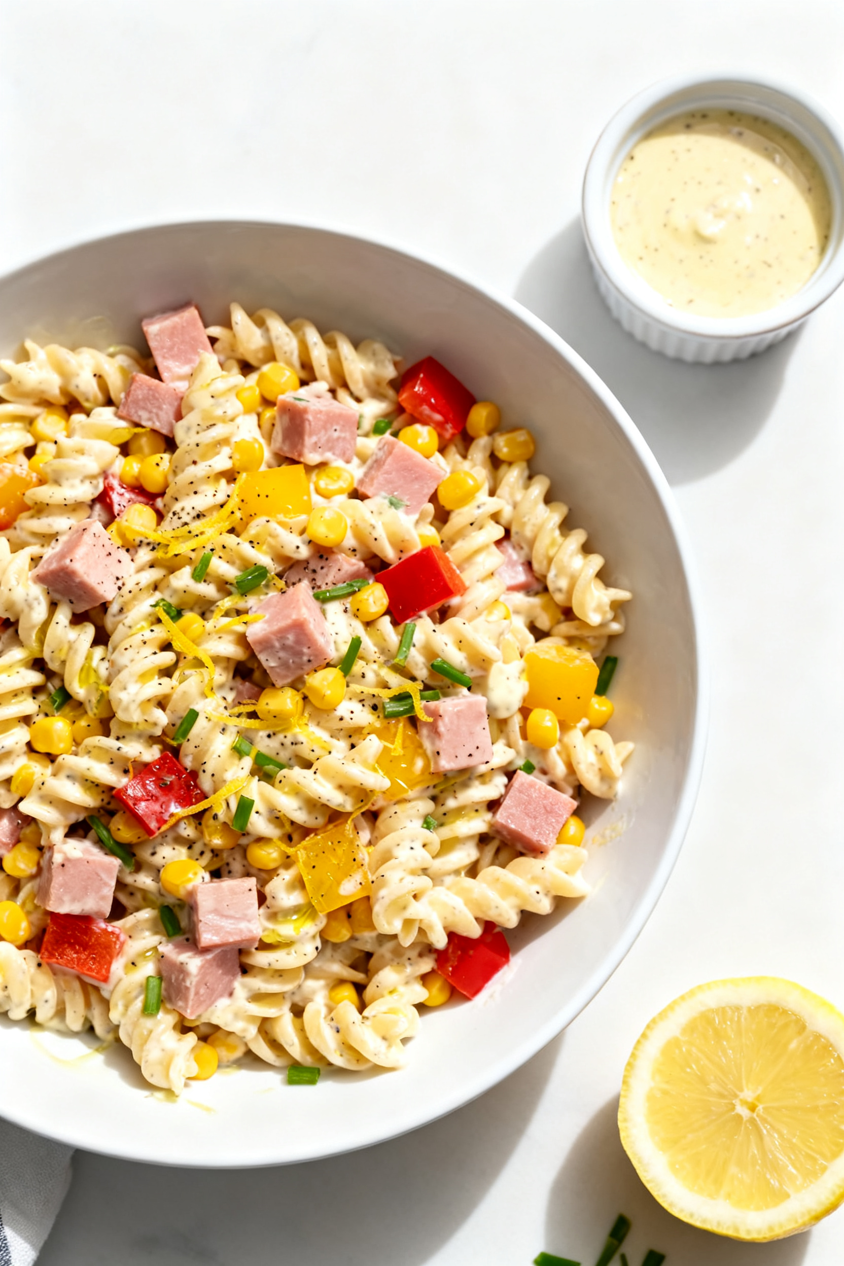 Tasty top view: Ham and Corn Pasta Salad fully assembled and chilled in a wide white bowl—al dente