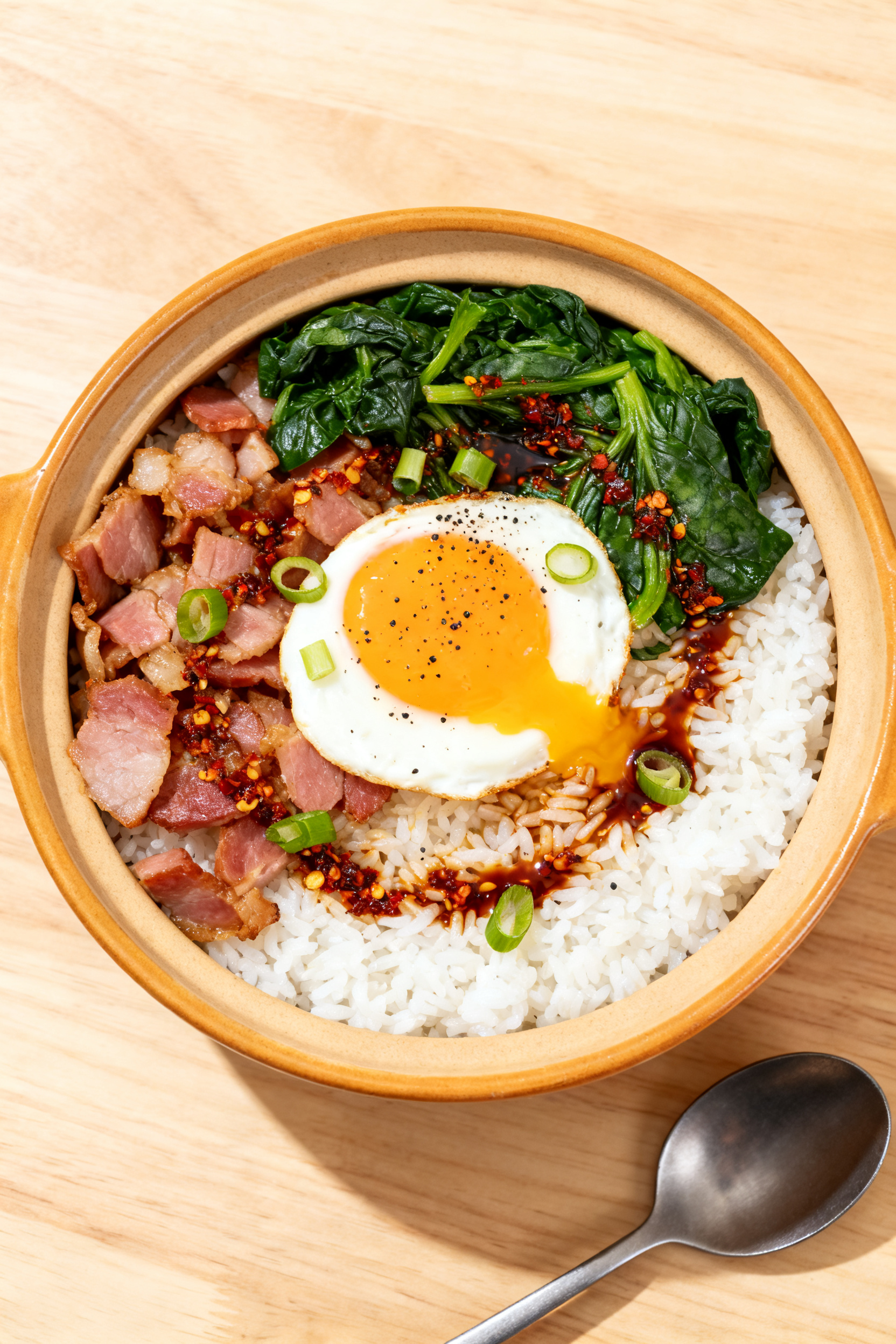 Tasty top view — Ham, Rice, and Greens Bowl: Overhead shot of a warm bowl of fluffy white rice top