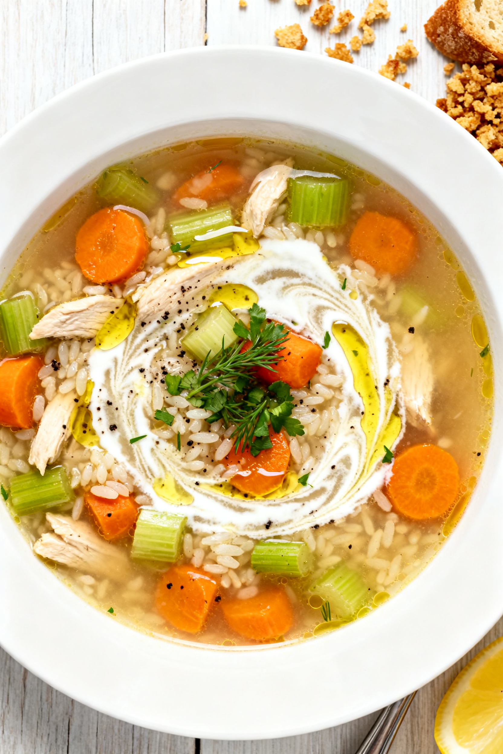 Leftover Food Ideas — Stop Throwing Money in the Trash - Simple, Smart Ways to Reuse What You Have Tasty top view — Hearty leftover soup: Overhead shot of chicken and rice soup with carrots, celery