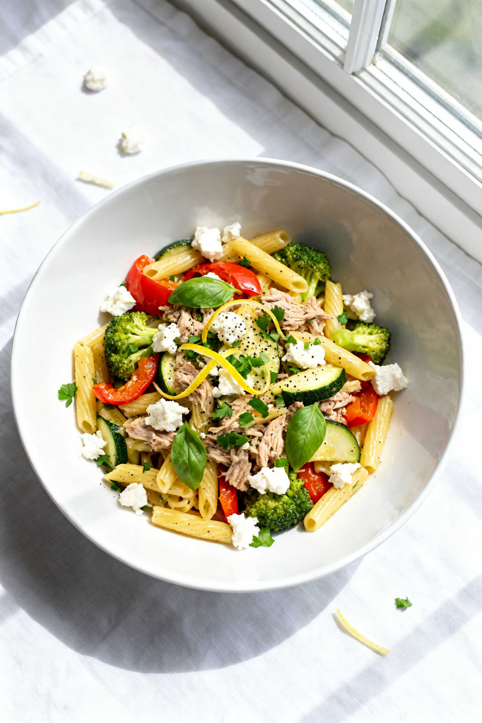 Tasty top view — Herby Leftover Pasta Salad: Overhead shot of short pasta tossed until glossy with
