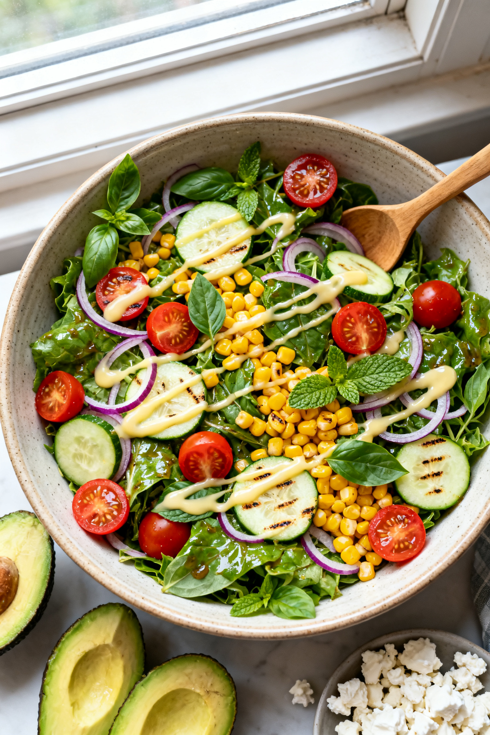 Tasty top view — Layered summer salad mid-toss: Overhead shot of a large ceramic bowl of mixed gre
