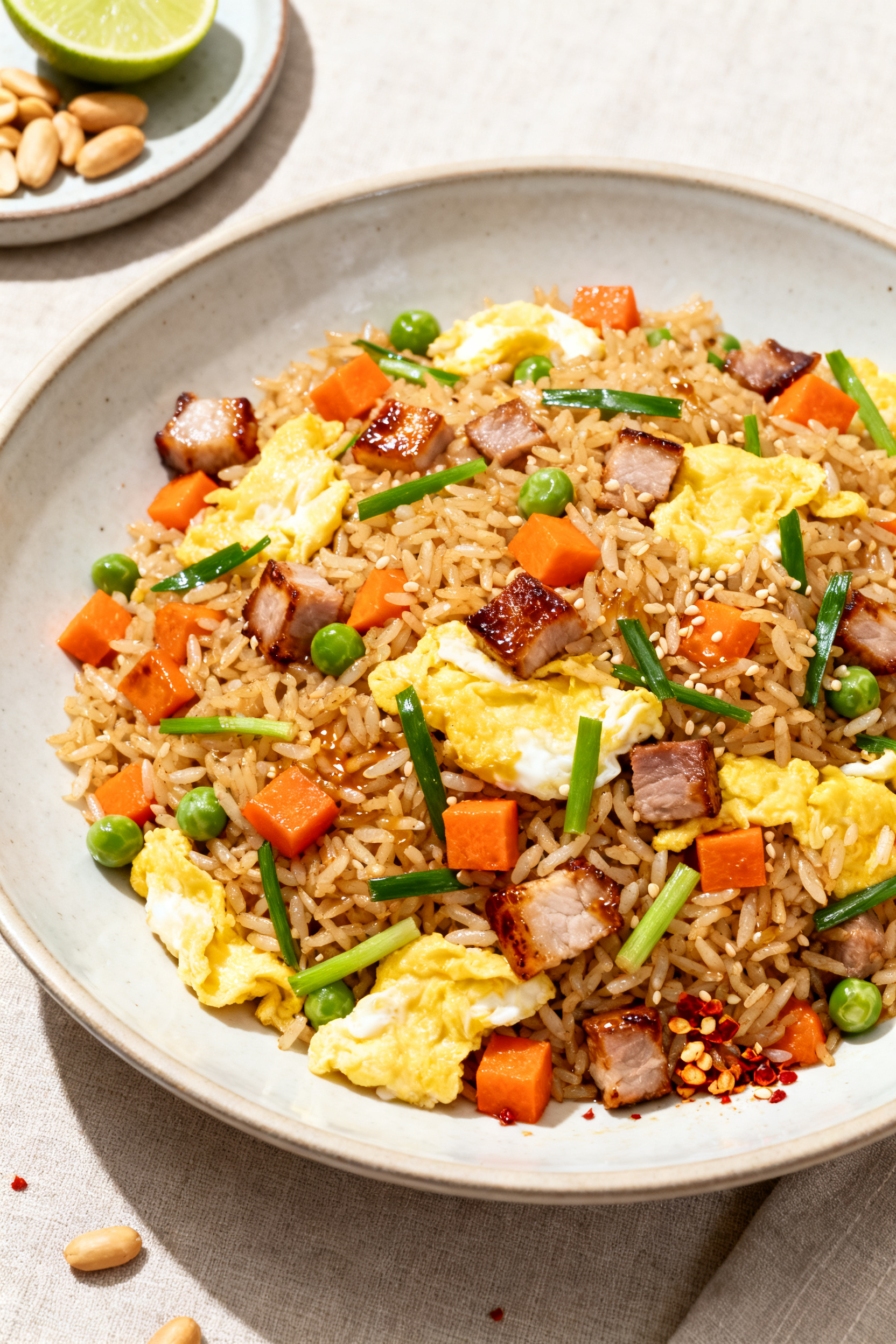 Tasty top view — Leftover Fried Rice: Overhead shot of a wok-fried rice piled in a wide, shallow b