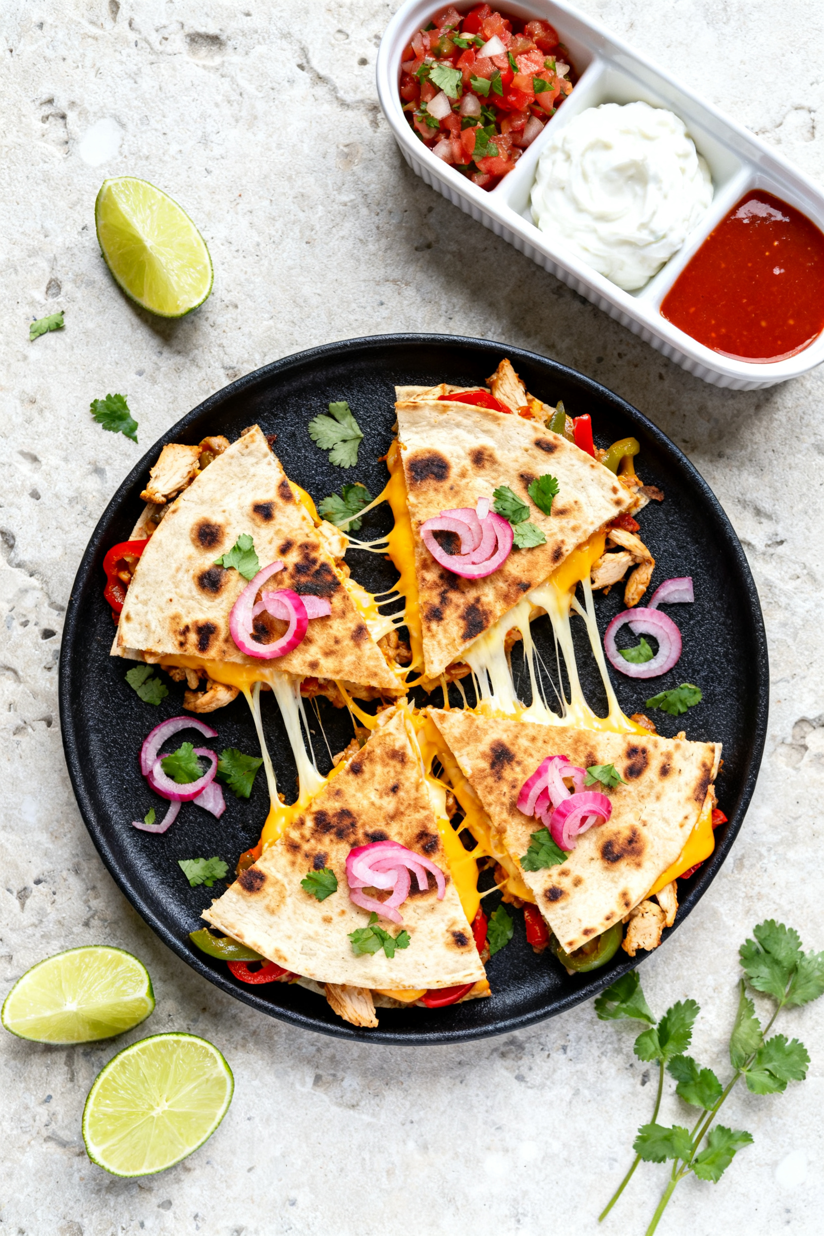 Tasty top view: Loaded chicken and pepper quesadilla sliced into wedges on a matte black plate, oozy