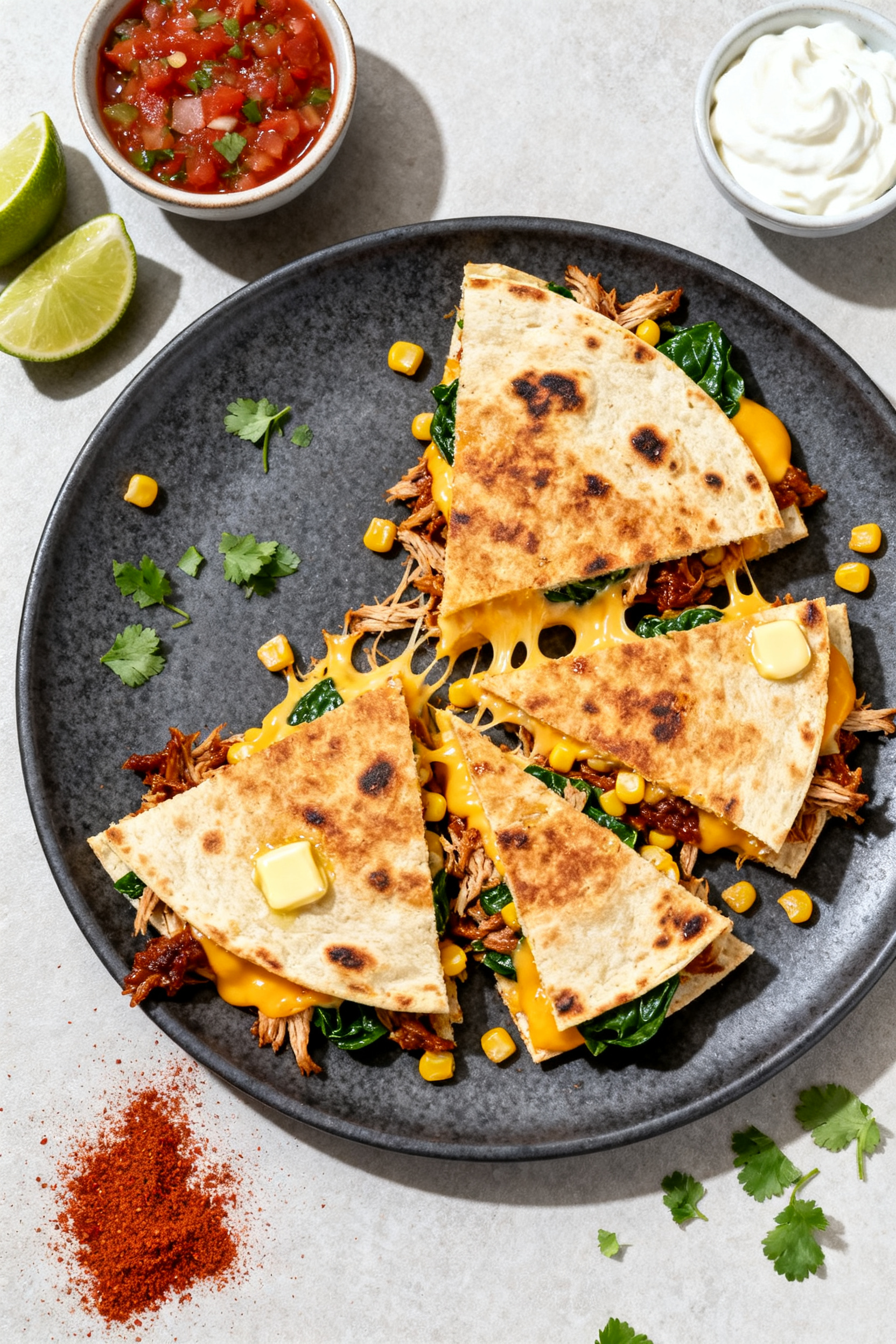 Tasty top view – Loaded Quesadillas: Overhead shot of a sliced, crisped quesadilla on a matte char