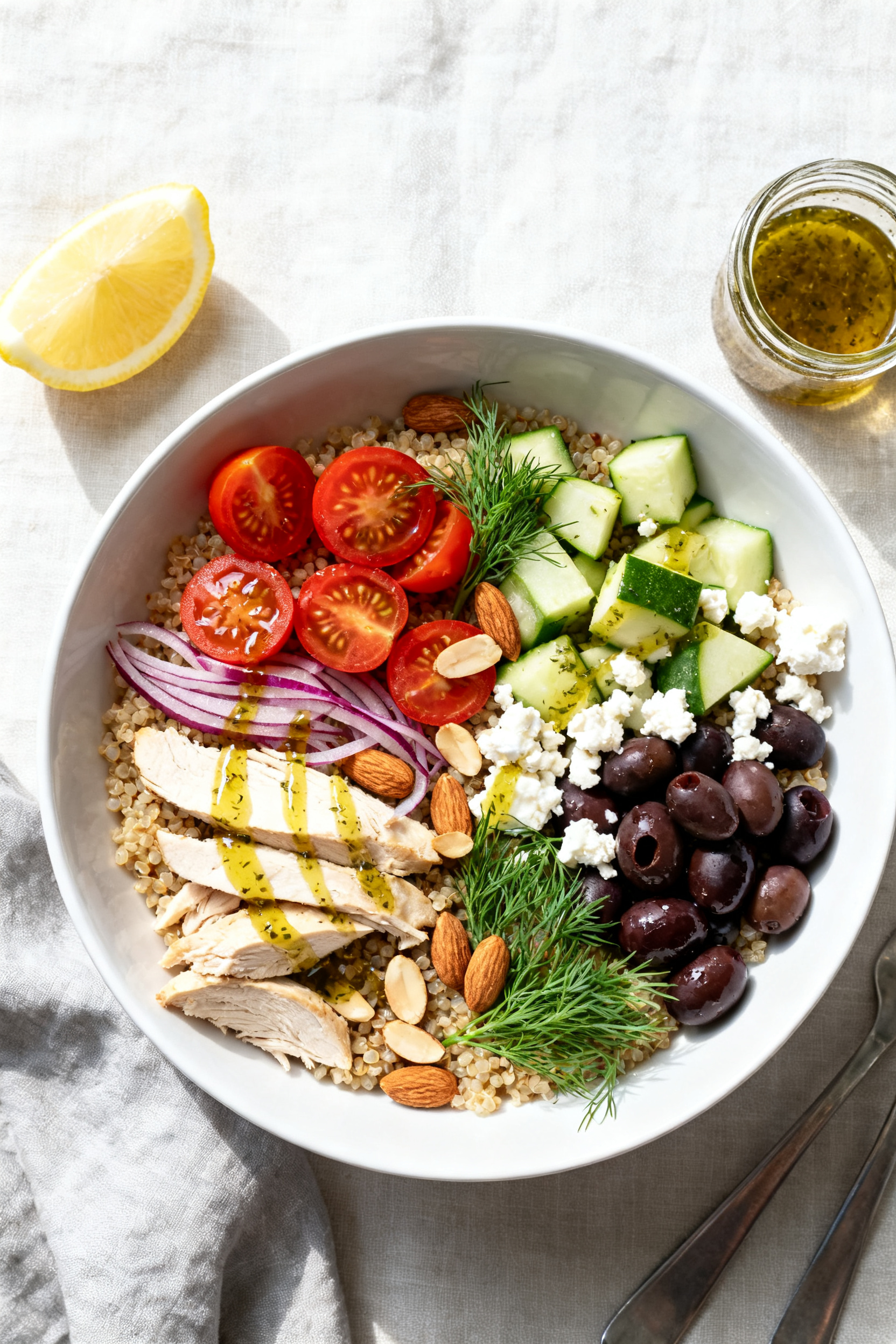 Tasty top view: Mediterranean Bowl final dish — quinoa base topped with sliced leftover chicken, c