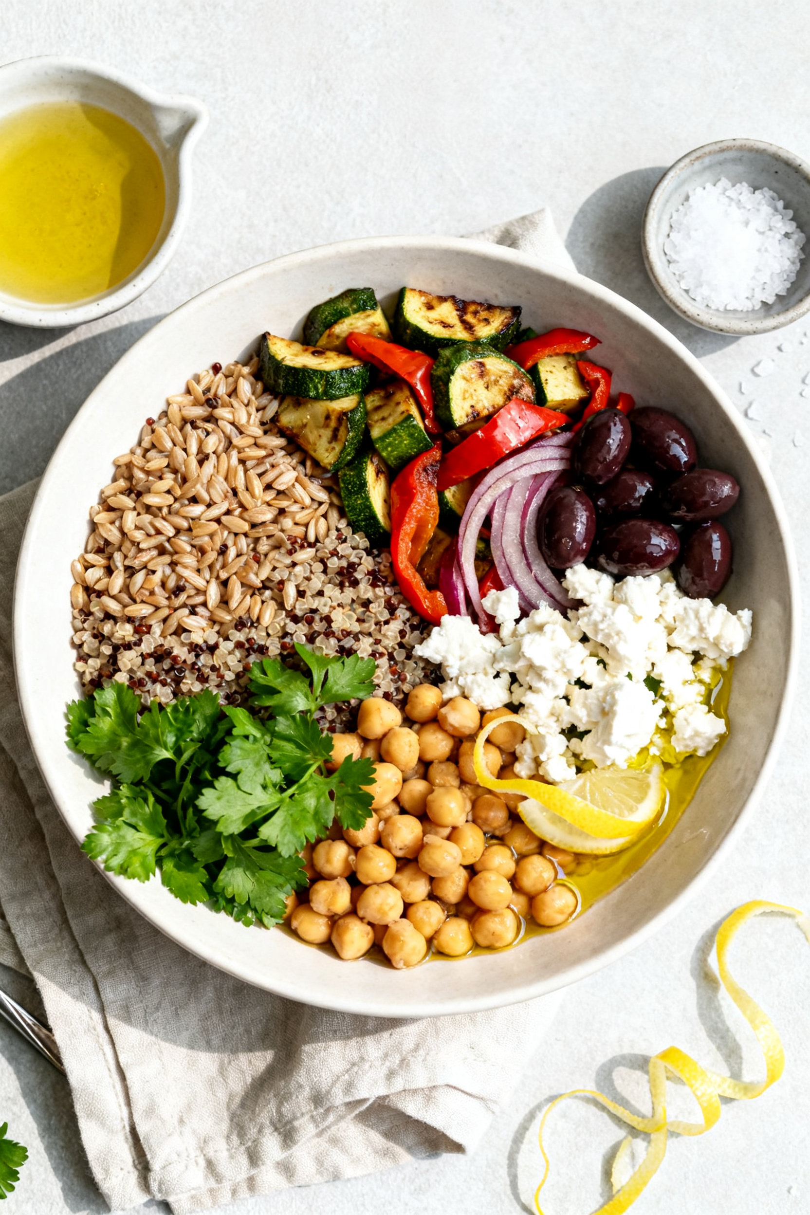 Tasty top view — Mediterranean Grain Bowl: Overhead shot of a composed farro-quinoa bowl layered w