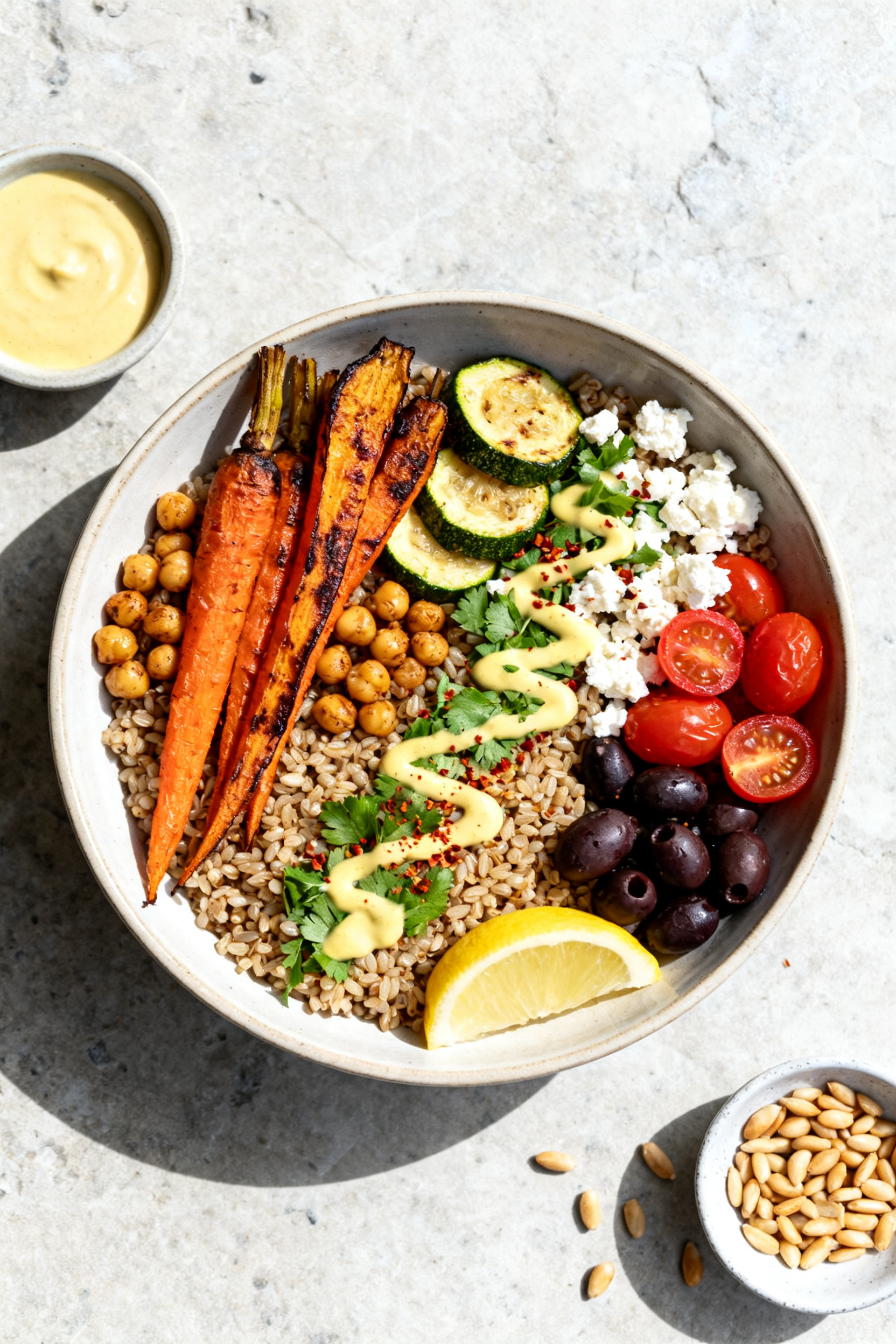 Tasty top view — Mediterranean Grain Bowl: Overhead shot of a vibrant quinoa/farro bowl arranged i