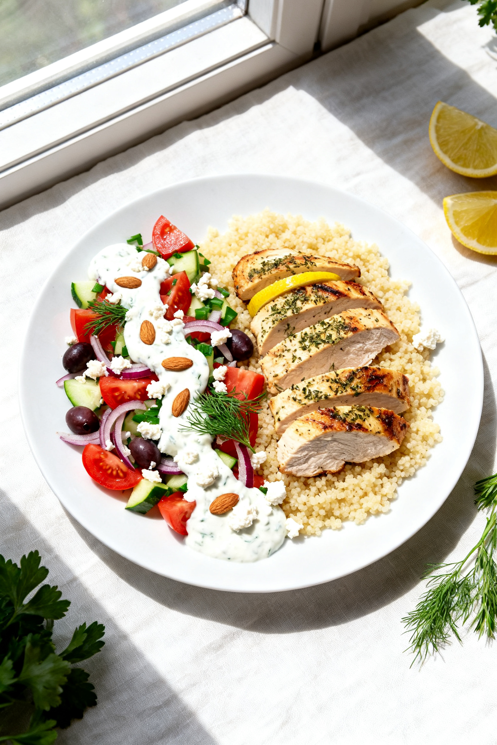 Tasty top view — Mediterranean platter: Overhead shot of a summer dinner spread featuring sliced o