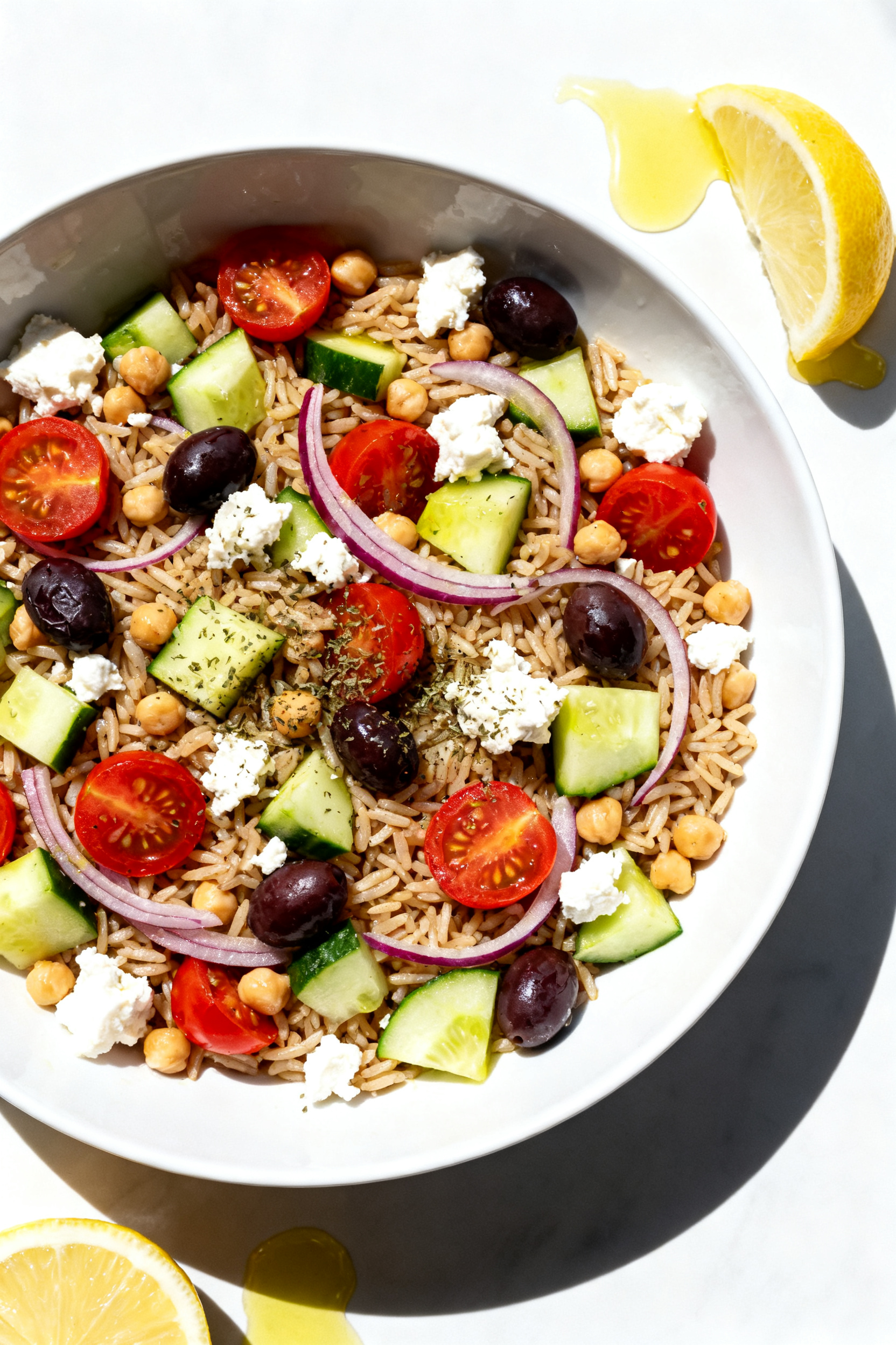 Leftover Rice Recipes Never Looked This Good Before - Simple, Flavor-Packed Ideas Tasty top view — Mediterranean Rice Salad: Overhead shot of a wide, shallow white bowl filled with