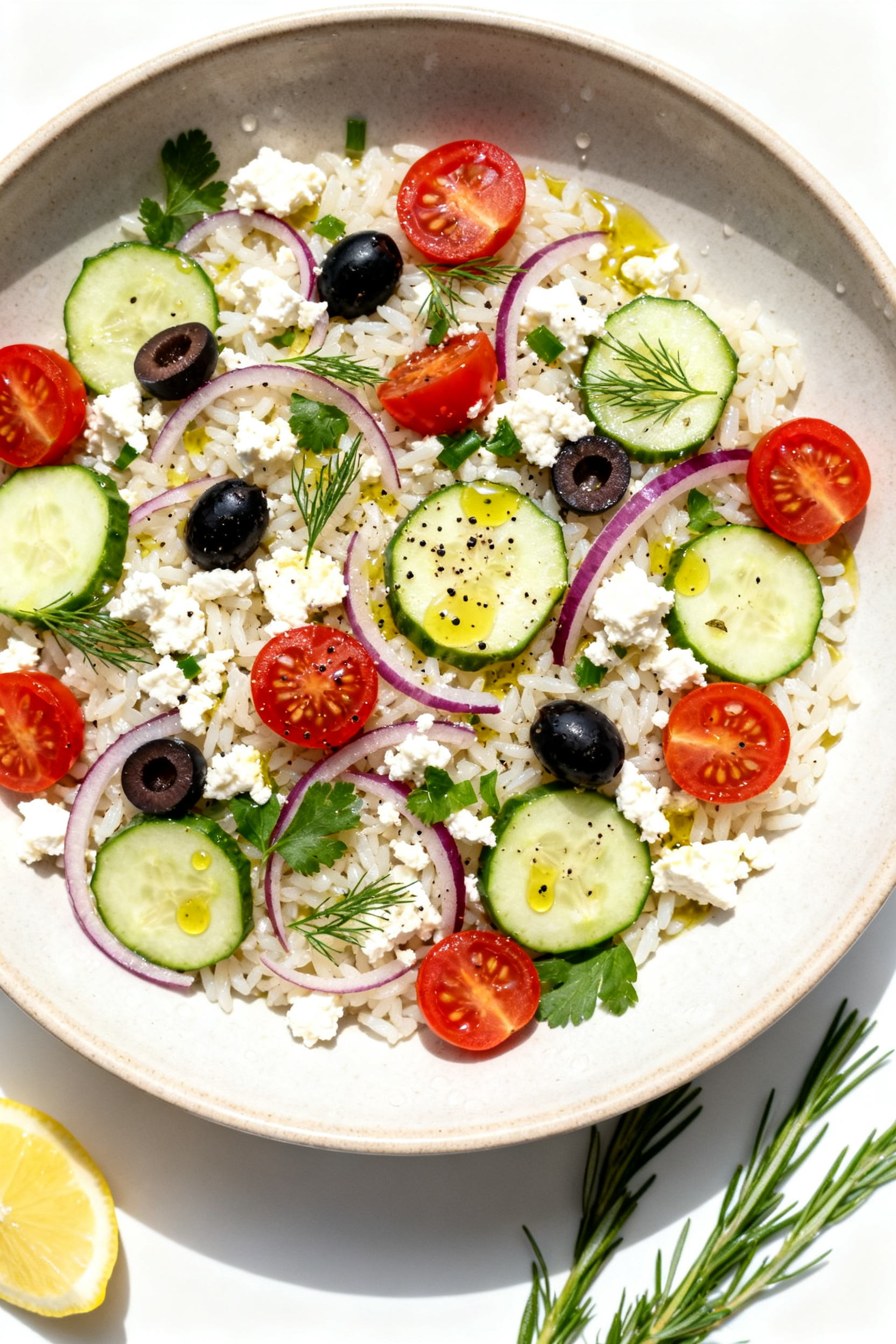 Tasty top view — No-Cook Greek Rice Salad: Overhead shot of a wide, shallow ceramic bowl filled wi