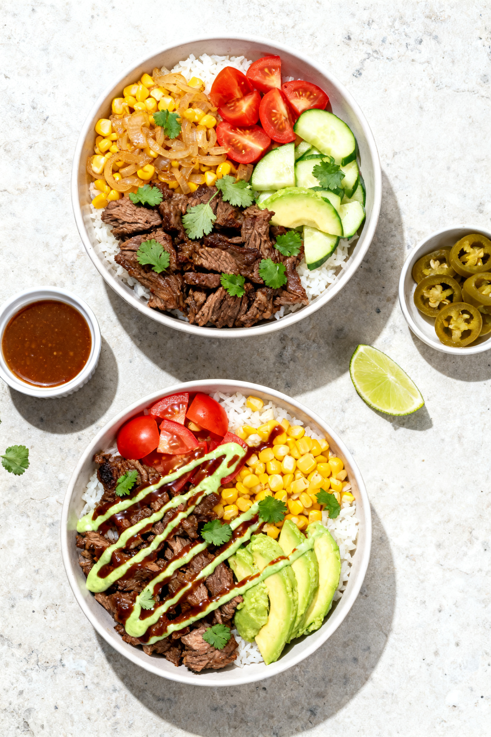 Tasty top view — Overhead assembly shot: Top-down image of two assembled BBQ beef bowls on a light