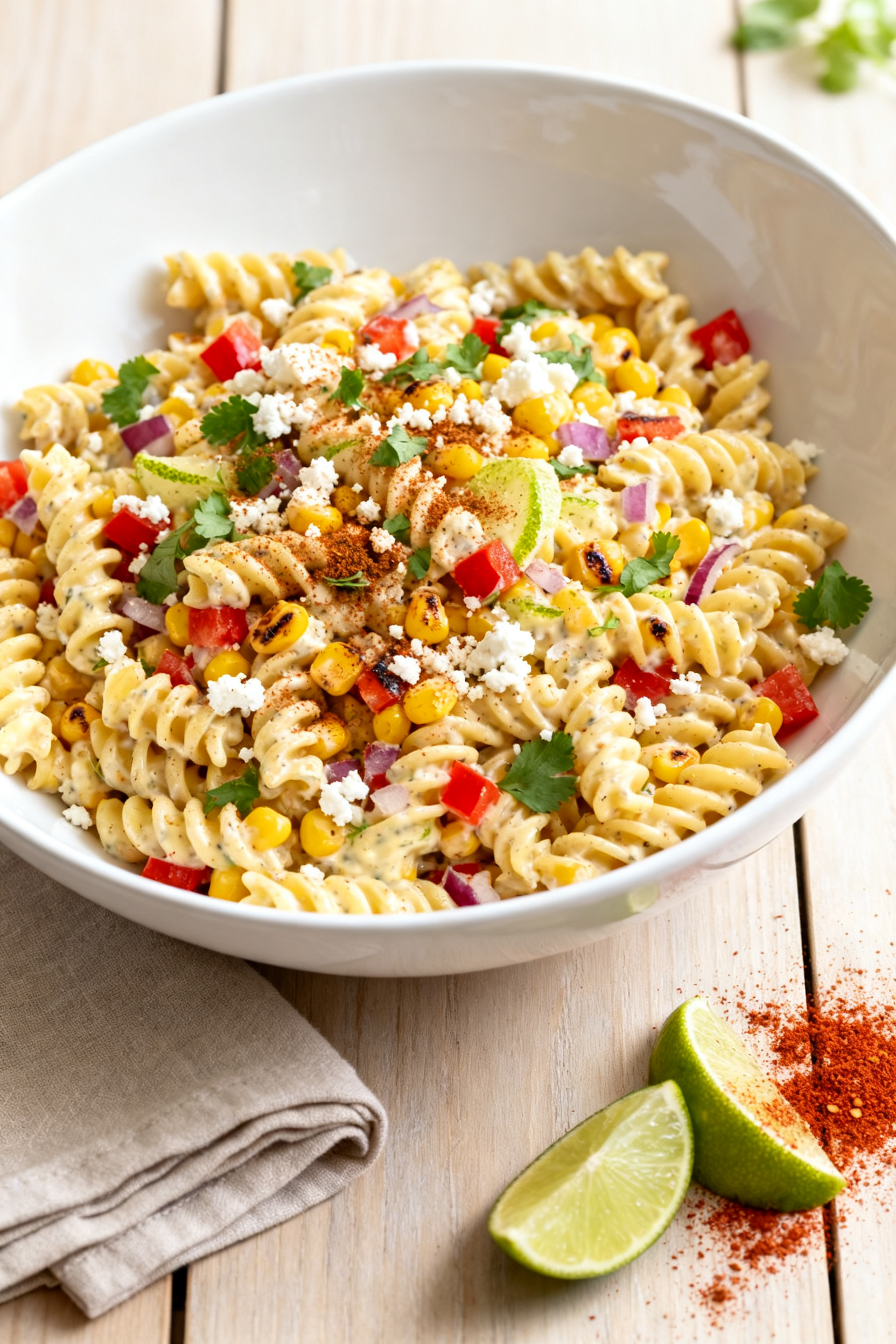 Tasty top view, overhead: Overhead shot of creamy street corn pasta salad in a wide, shallow white s