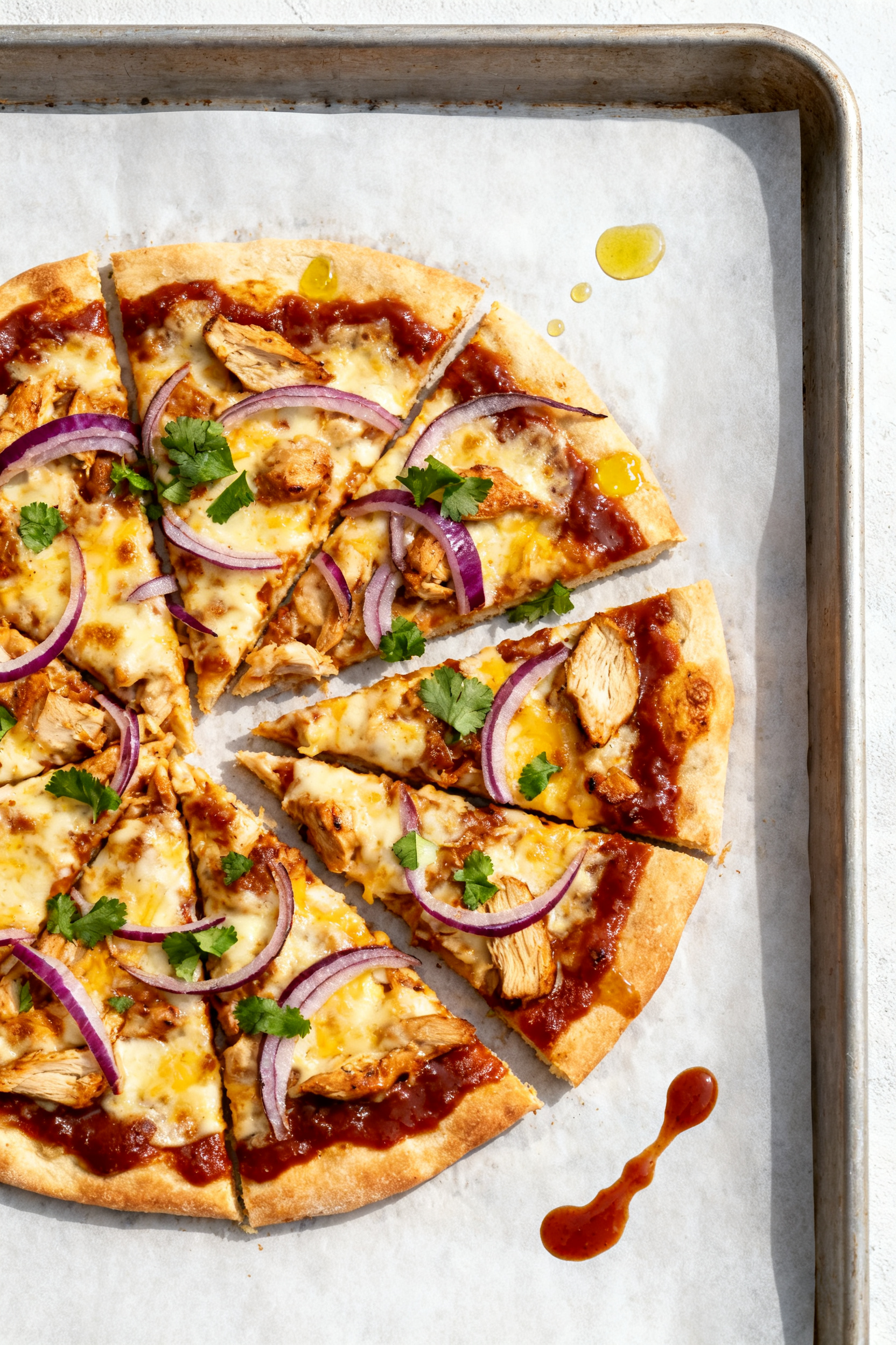Tasty top view: Overhead shot of a BBQ Chicken Flatbread Pizza just out of the oven—thin layer of 