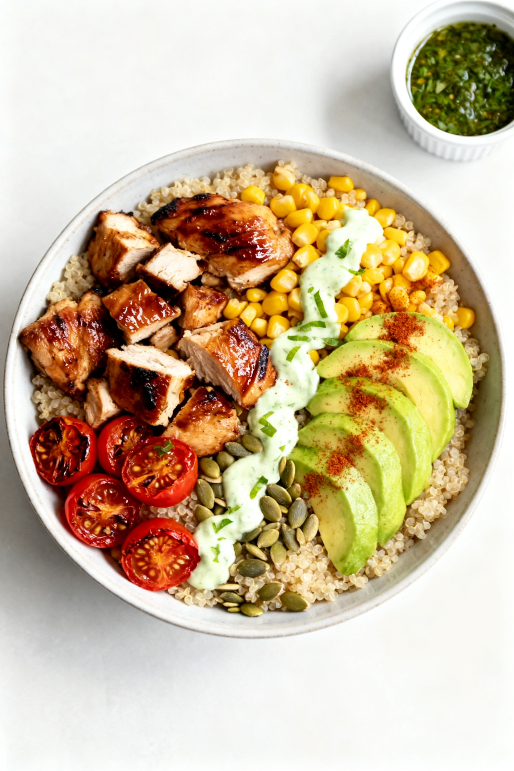 Grill Meals — 6 Summer Leftover Dinners From One Session - Easy Batch-Cooked Weeknight Wins Tasty top view: Overhead shot of a Chicken and Corn Power Bowl—fluffy quinoa base topped with chop