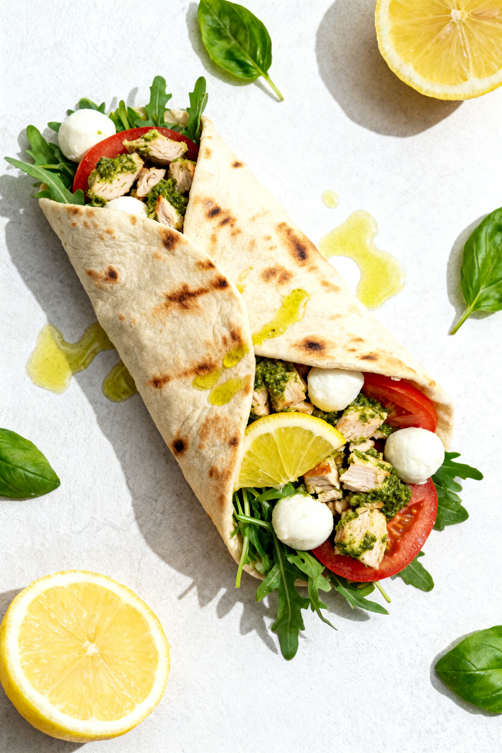 Tasty top view: Overhead shot of a Chicken Pesto Pita stuffed to the brim—juicy chopped leftover c