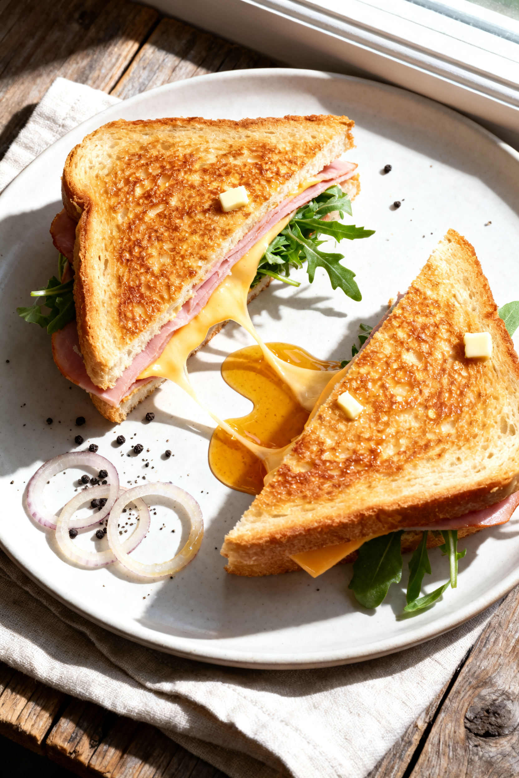 Grilled Cheese Just Got an Upgrade → "Leftover Ham Recipes — Grilled Cheese Just Got Upgraded" - A Comfort Classic With a Savory Twist Tasty top view: Overhead shot of a diagonally sliced ham and cheese grilled cheese on a matte white