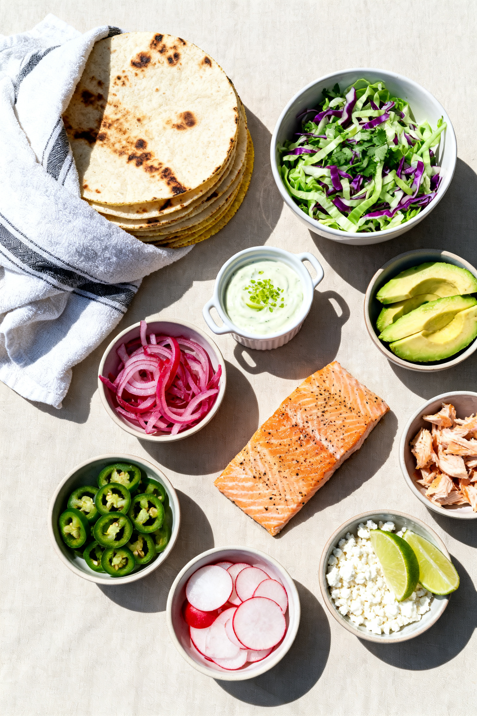 Tasty top view: Overhead shot of a DIY salmon taco spread ready for assembly—stack of warmed, slig