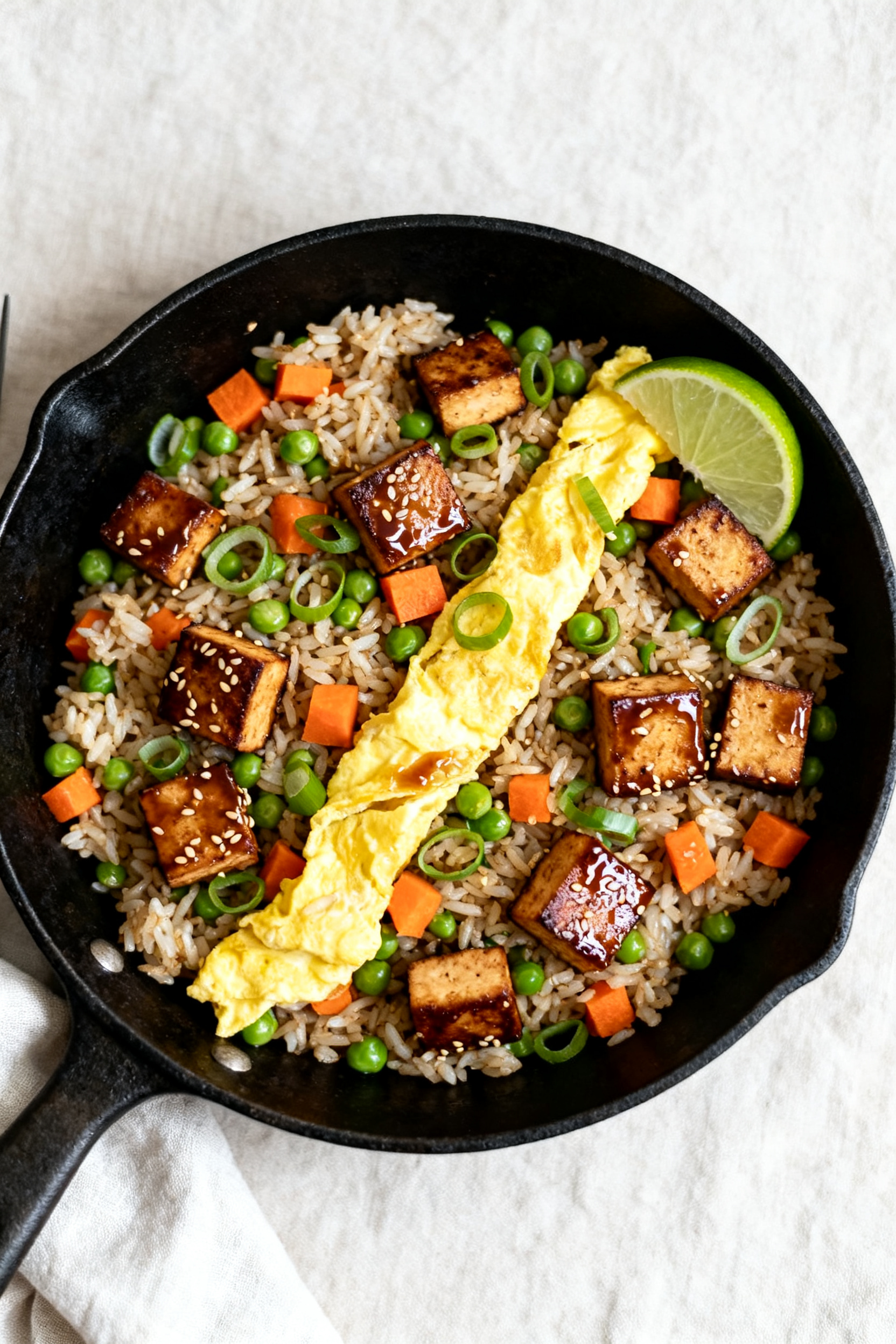 Leftover Dinner Ideas — Your Fridge Looks Empty? Make This - A Flexible, Flavor-Packed Skillet Tasty top view: Overhead shot of a “Fried Rice Style” variation in a wide black skillet—day-ol