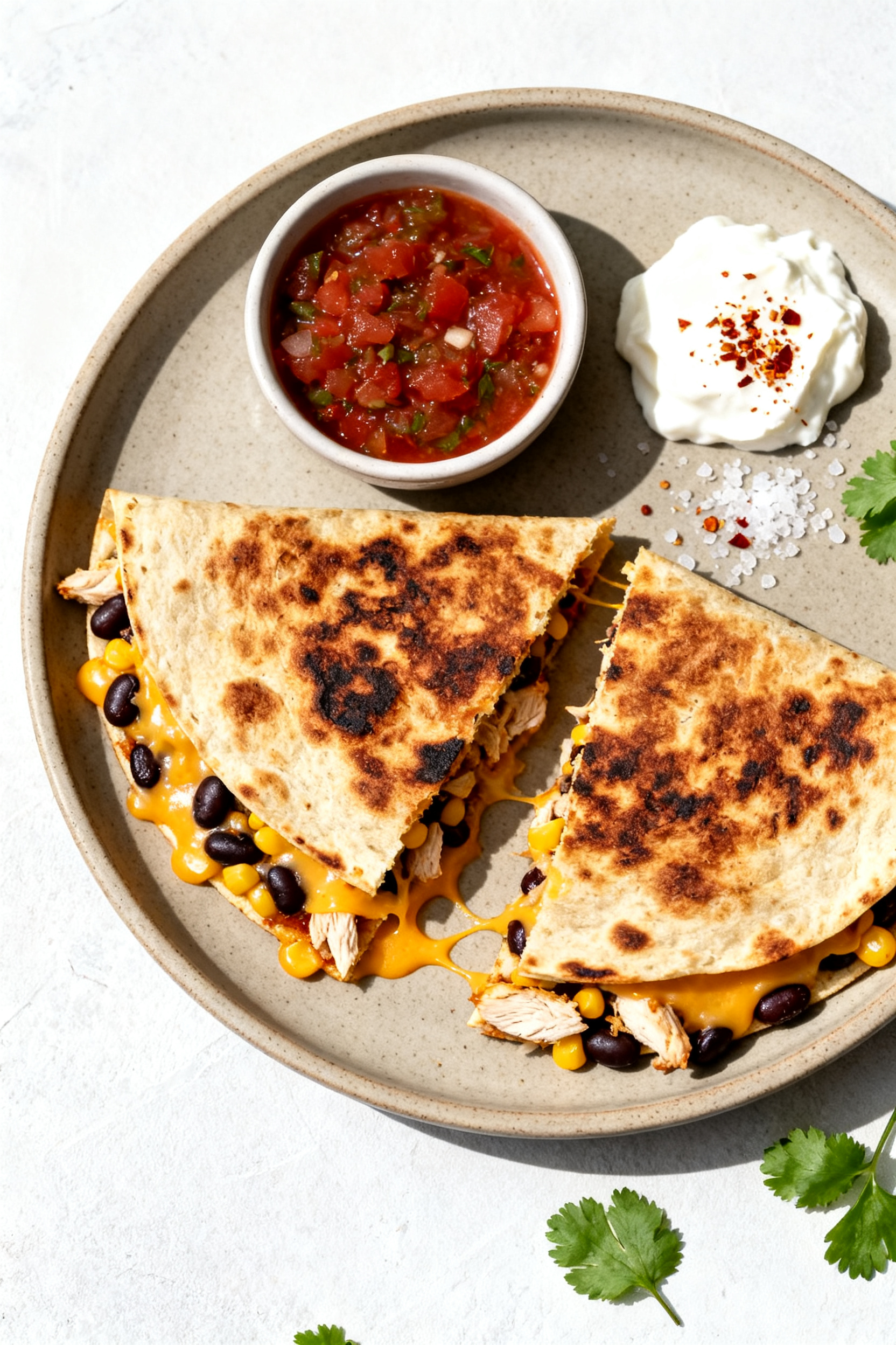 Tasty top view: Overhead shot of a loaded leftover quesadilla just off the pan—two tortillas toast