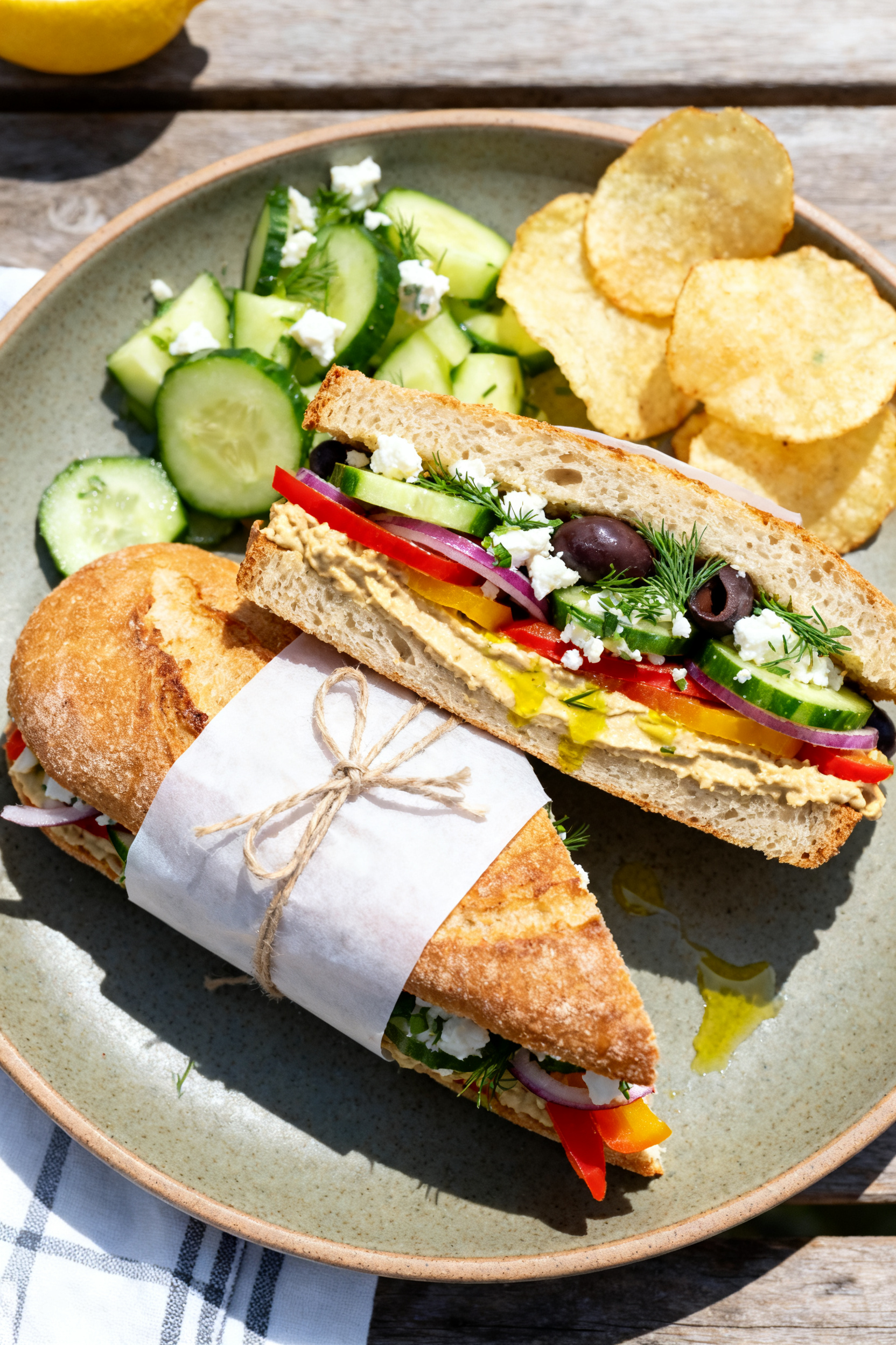 Tasty top view: Overhead shot of a Mediterranean Veggie sandwich halved and cut on the diagonal, nea