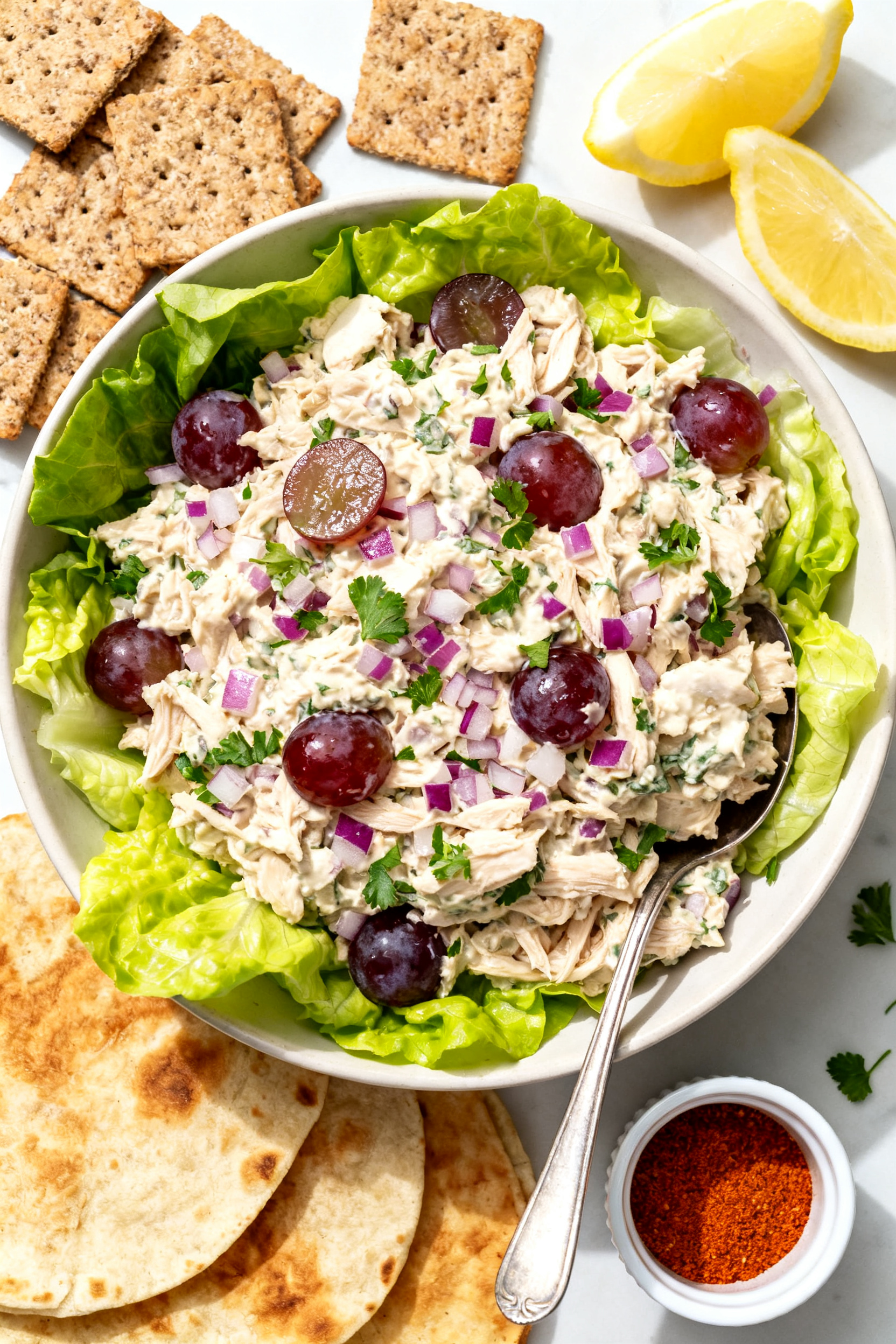 Summer BBQ Chicken Recipes — Leftover Chicken Salad on Repeat - A Fresh, Easy Favorite Tasty top view: Overhead shot of a picnic-style spread—large shallow bowl of finished chicken sala
